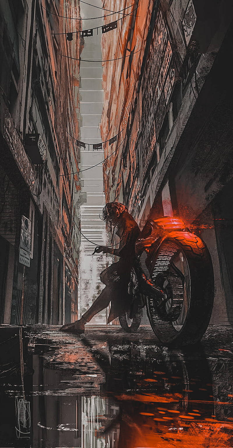 Cyberpunk iPhone X, glowing orange motorcycle, rain-slicked urban alleyway, HD Phone Wallpaper