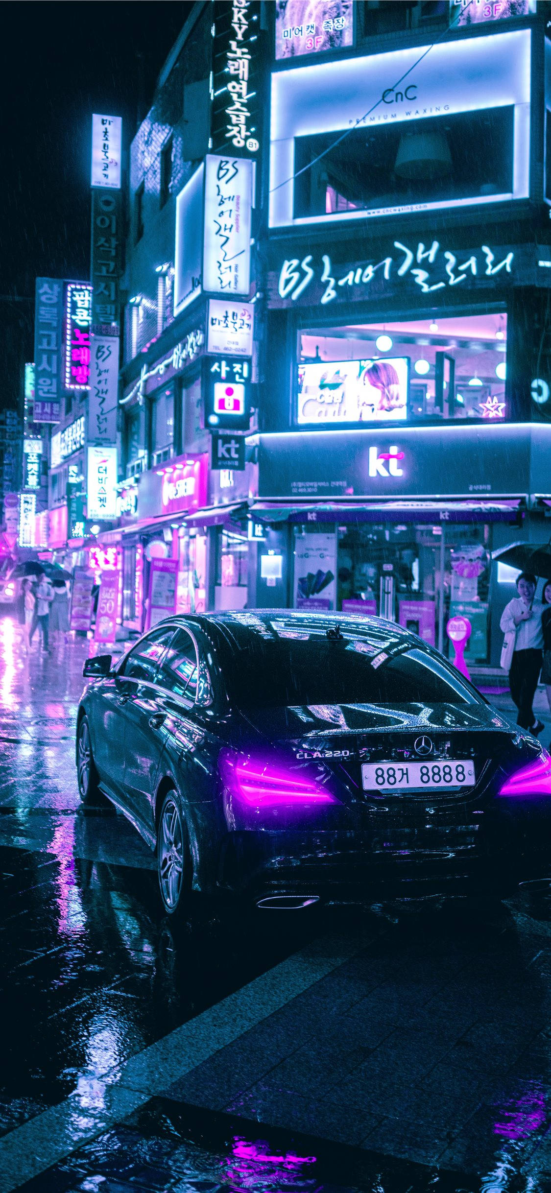 Korean city, neon lights, rain-slicked street, Full HD Phone Wallpaper