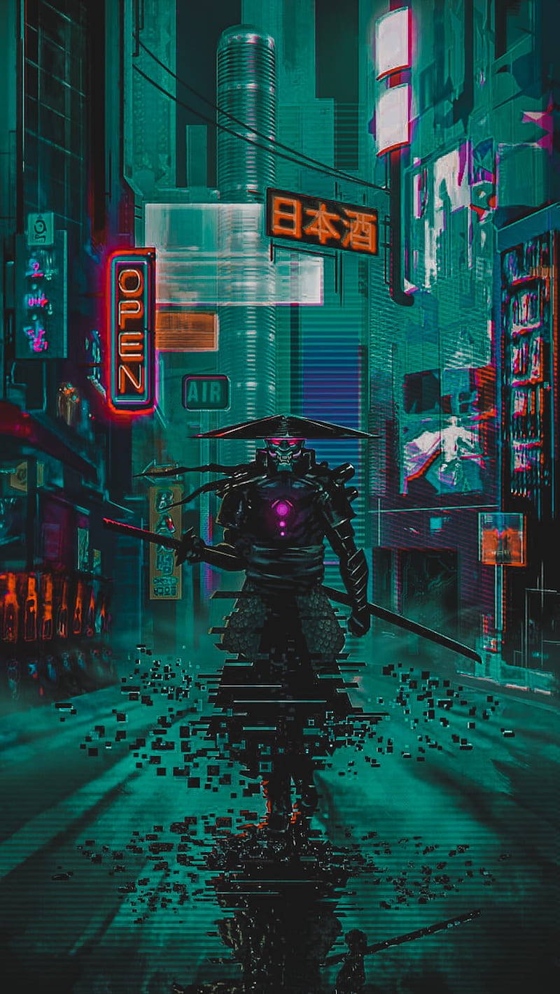 samurai, glitching, neon-drenched cyberpunk alleyway, HD Phone Wallpaper
