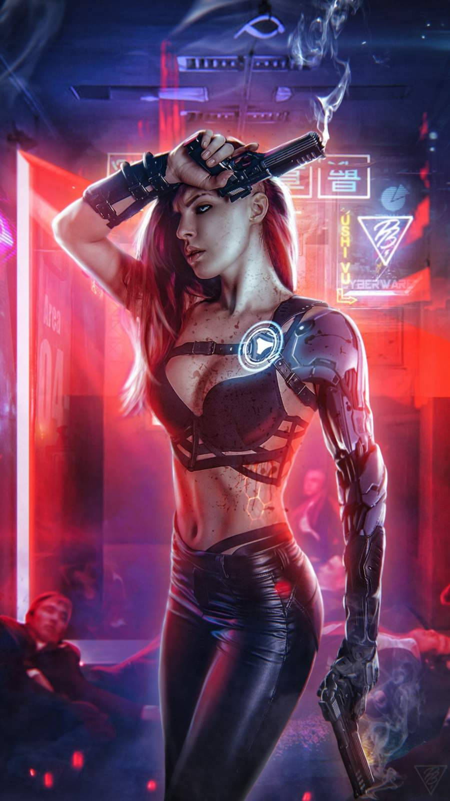 Cyberpunk iPhone X, red hair, mechanical arm, HD Phone Wallpaper