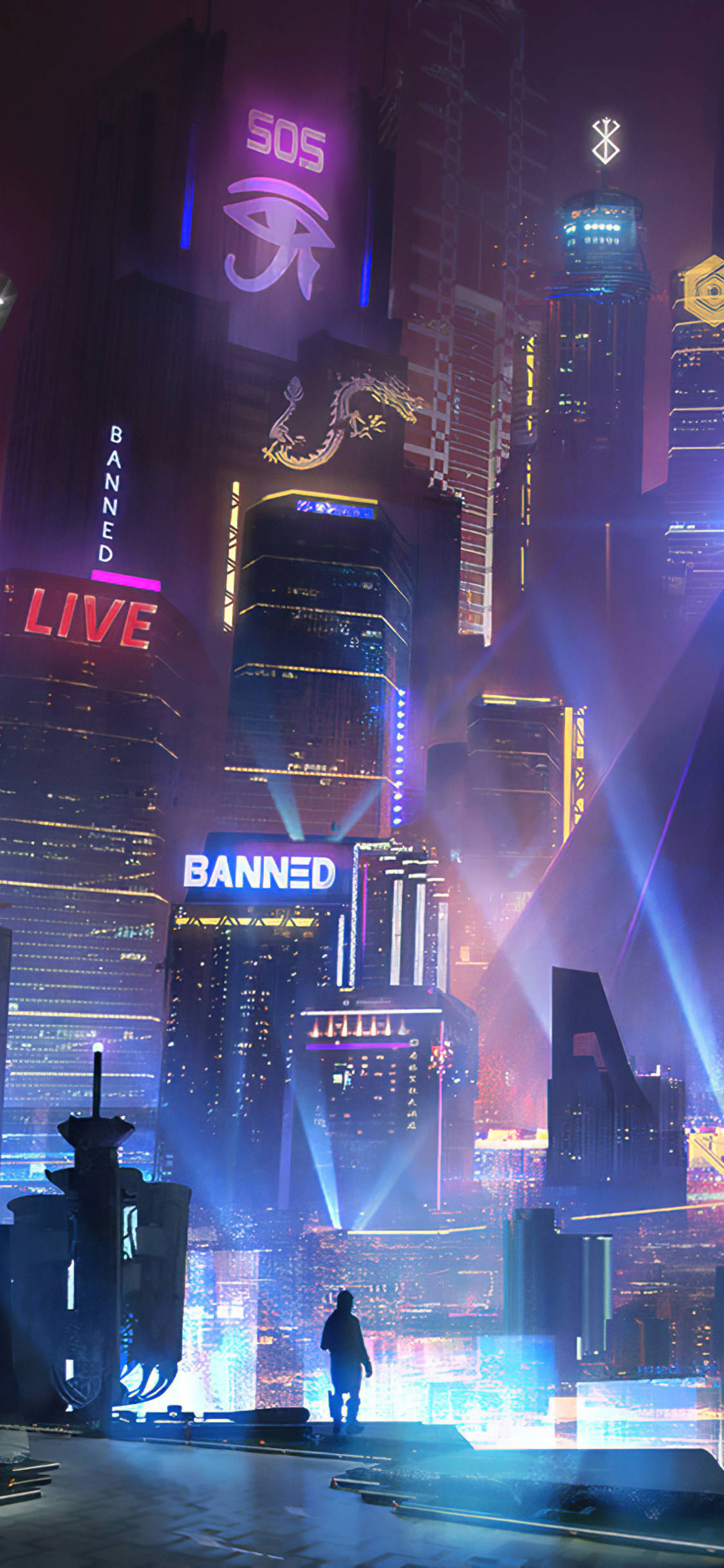 City Rooftop, neon-lit cyberpunk cityscape, night, Full HD Phone Wallpaper
