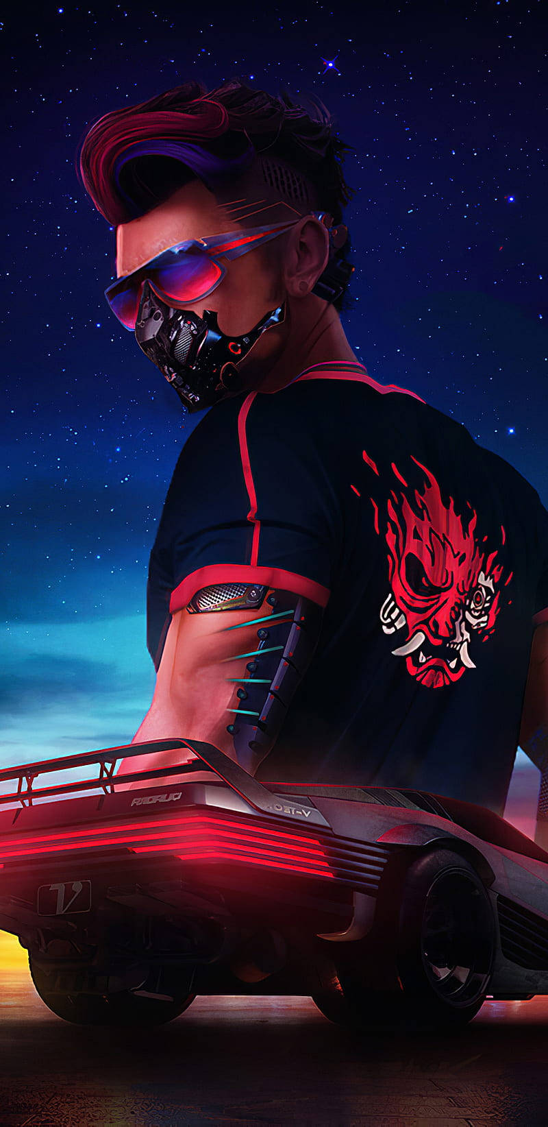 Cyberpunk iPhone X, flame skull shirt, glowing red sports car, HD Phone Wallpaper
