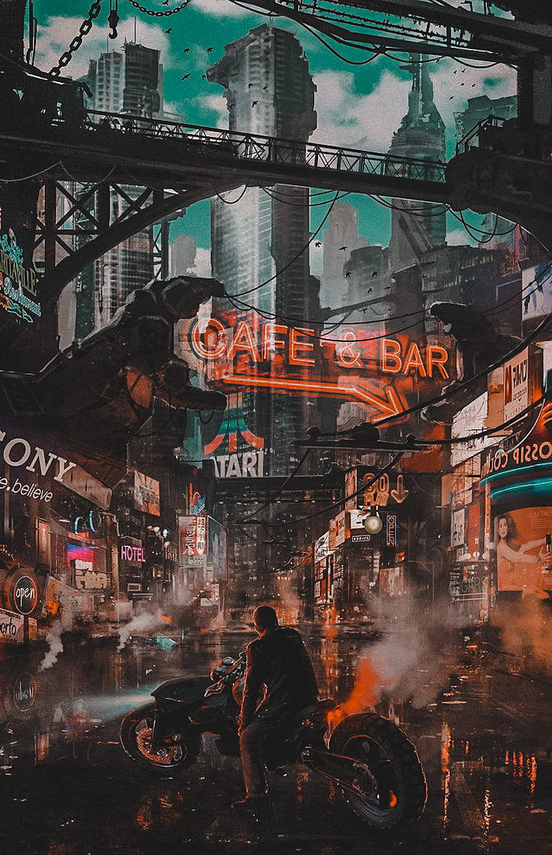 Cyberpunk iPhone X, flaming motorcycle, neon-drenched rain-soaked cyberpunk cityscape, SD Phone Wallpaper
