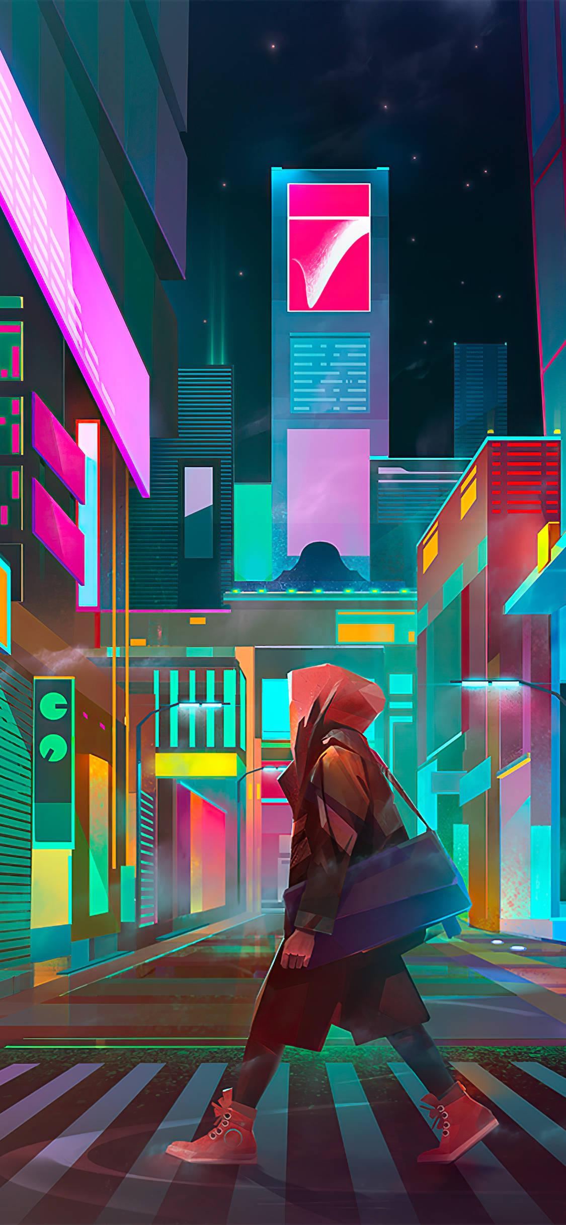 Neon City Night, cyberpunk cityscape, glowing neon crosswalk, Full HD Phone Wallpaper