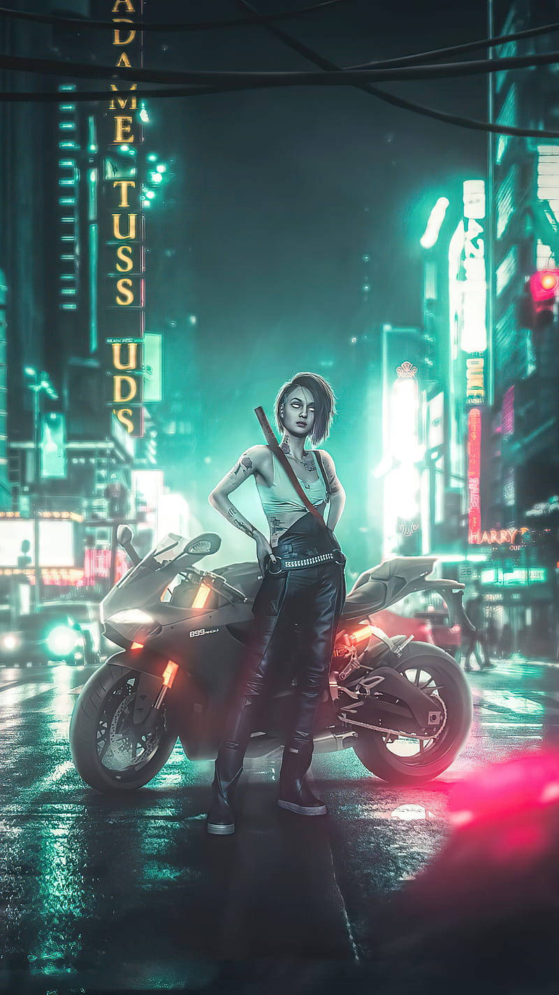 Cyberpunk iPhone X, girl, sport motorcycle, HD Phone Wallpaper