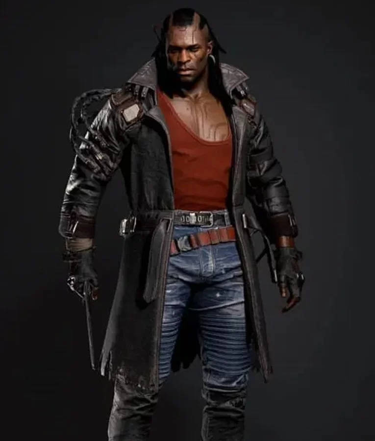 Placide Cyberpunk iPhone, tattered black trench coat, blue jeans, SD Phone Wallpaper