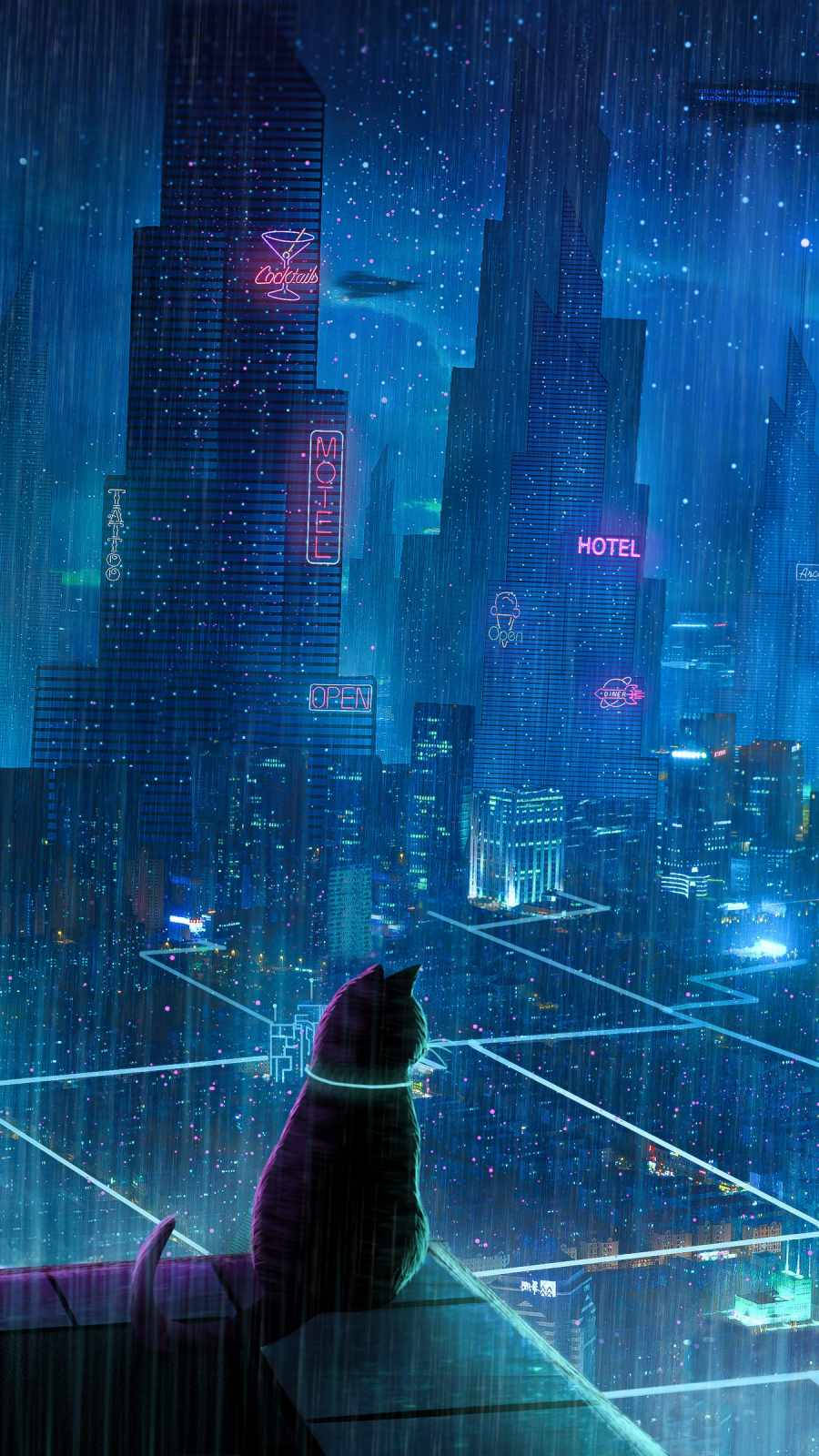 Cyberpunk iPhone, black cat, rain-slicked rooftop, HD Phone Wallpaper