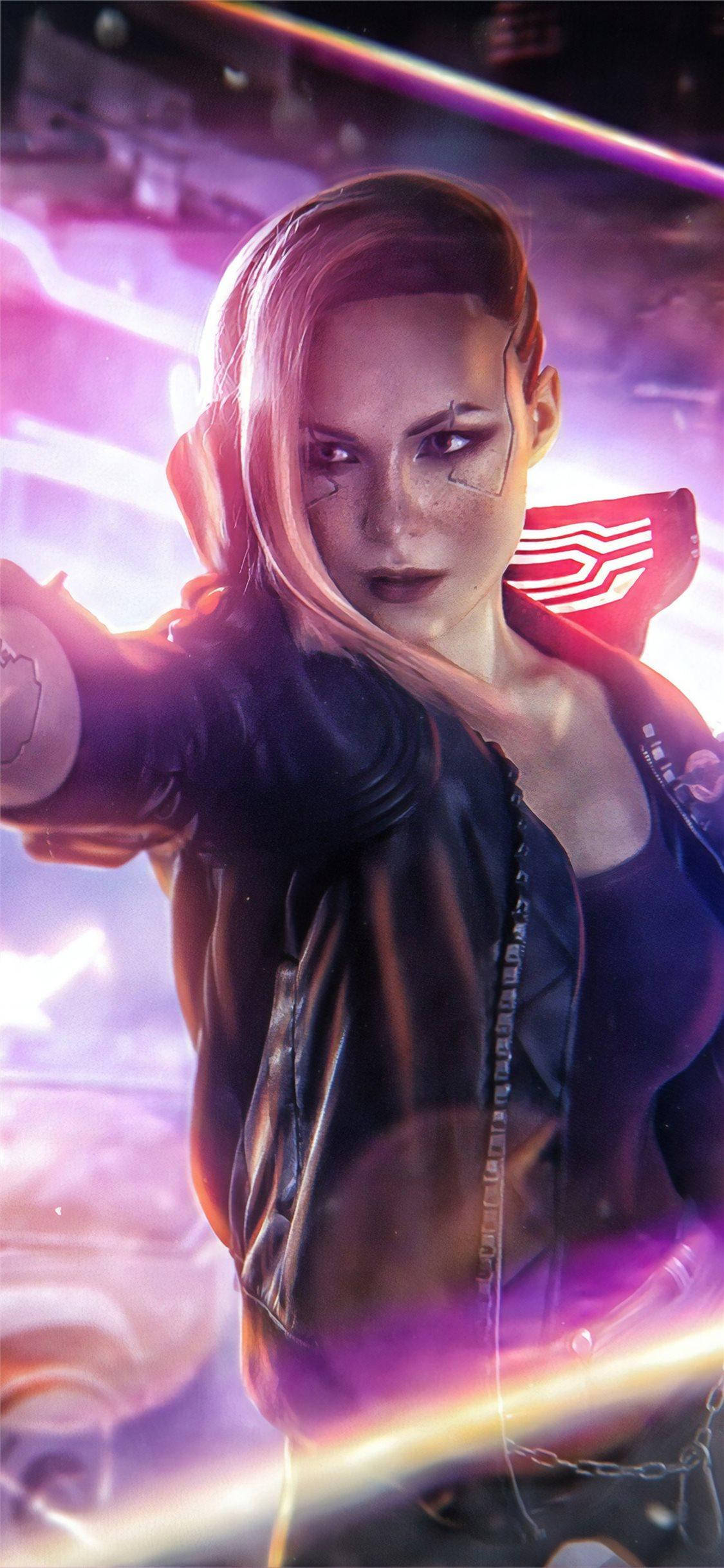 pink hair, cybernetic enhancements, glowing weapon, Full HD Phone Wallpaper