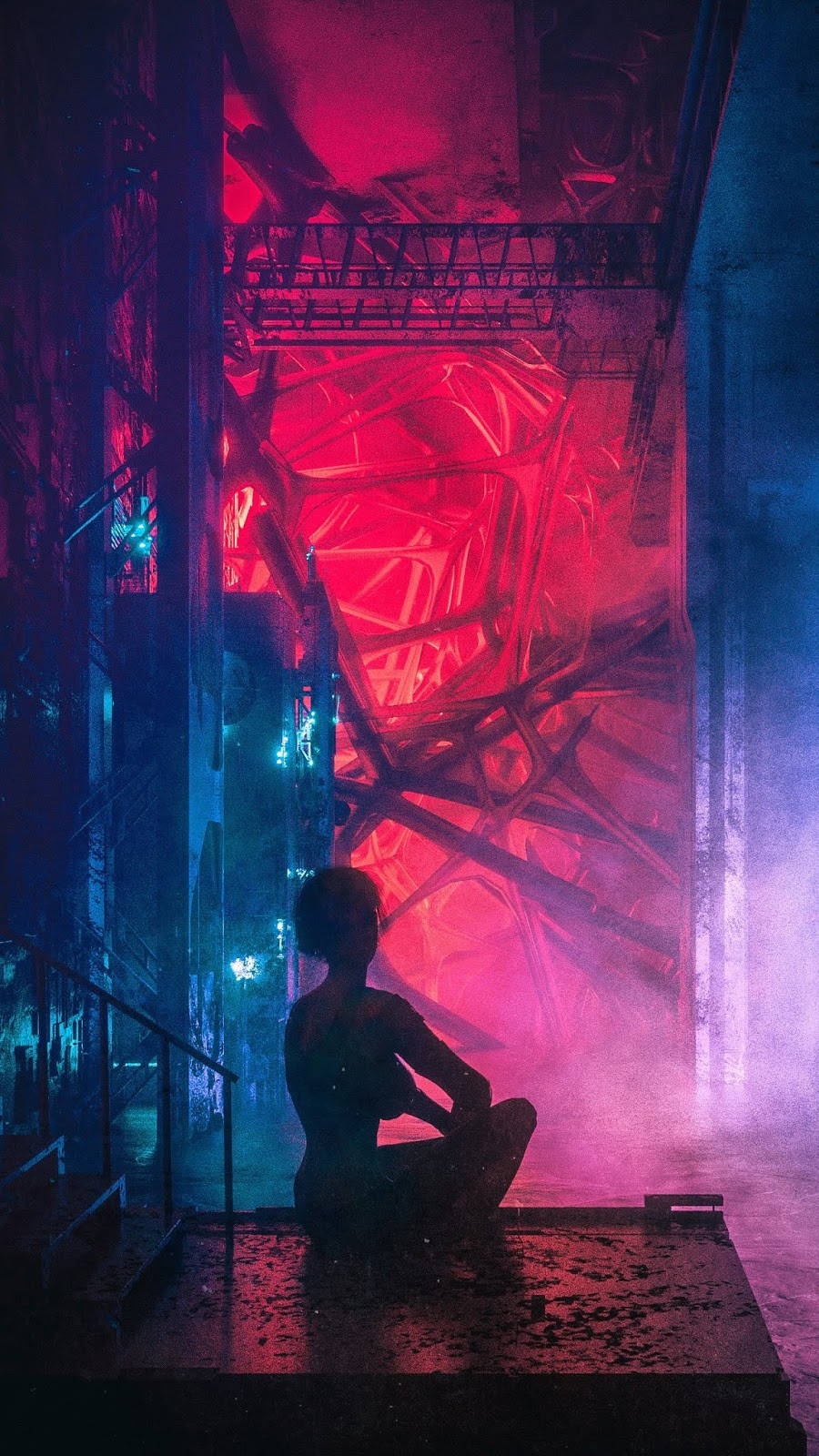 Cyberpunk iPhone, girl silhouette, glowing red neon structure, HD Phone Wallpaper