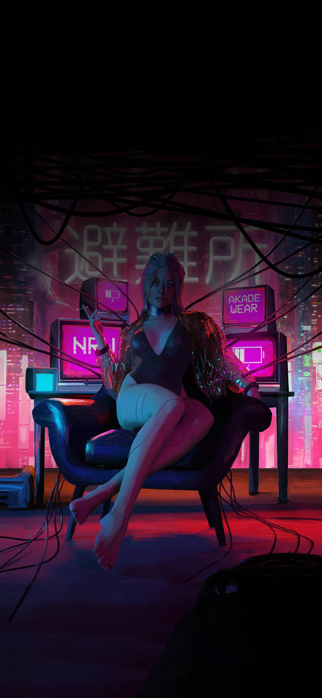 cyberpunk woman, neon screens, tangled wires, Full HD Phone Wallpaper