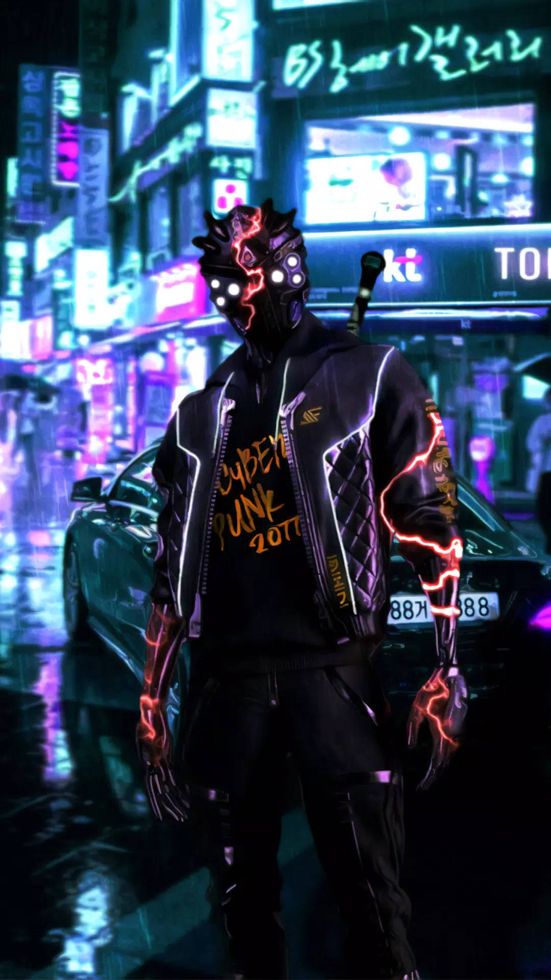 Cyberpunk iPhone, 2077, glowing red circuitry, Full HD Phone Wallpaper