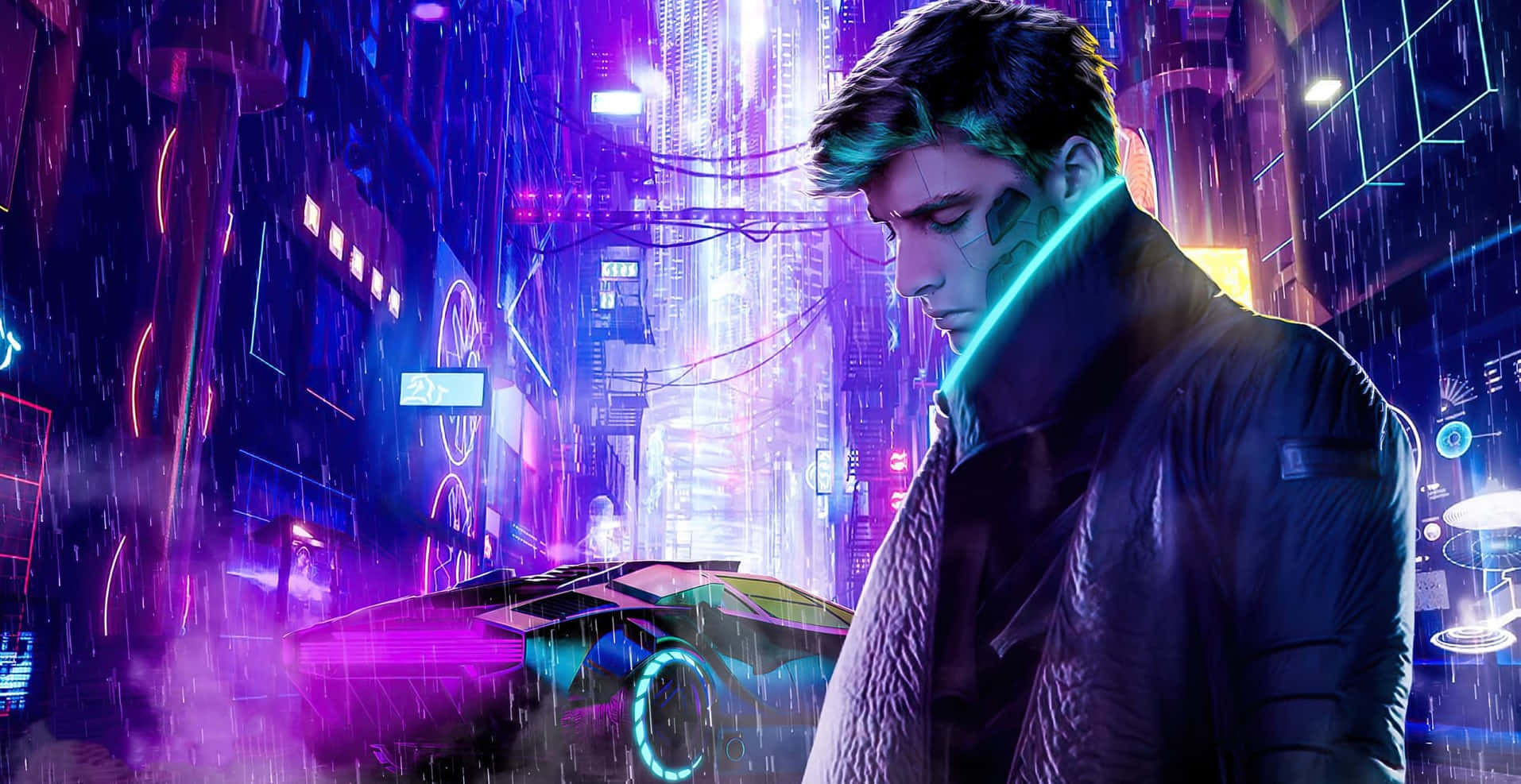 Cyberpunk Laptop, neon-lit city streets, rain-drenched, HD Desktop Wallpaper