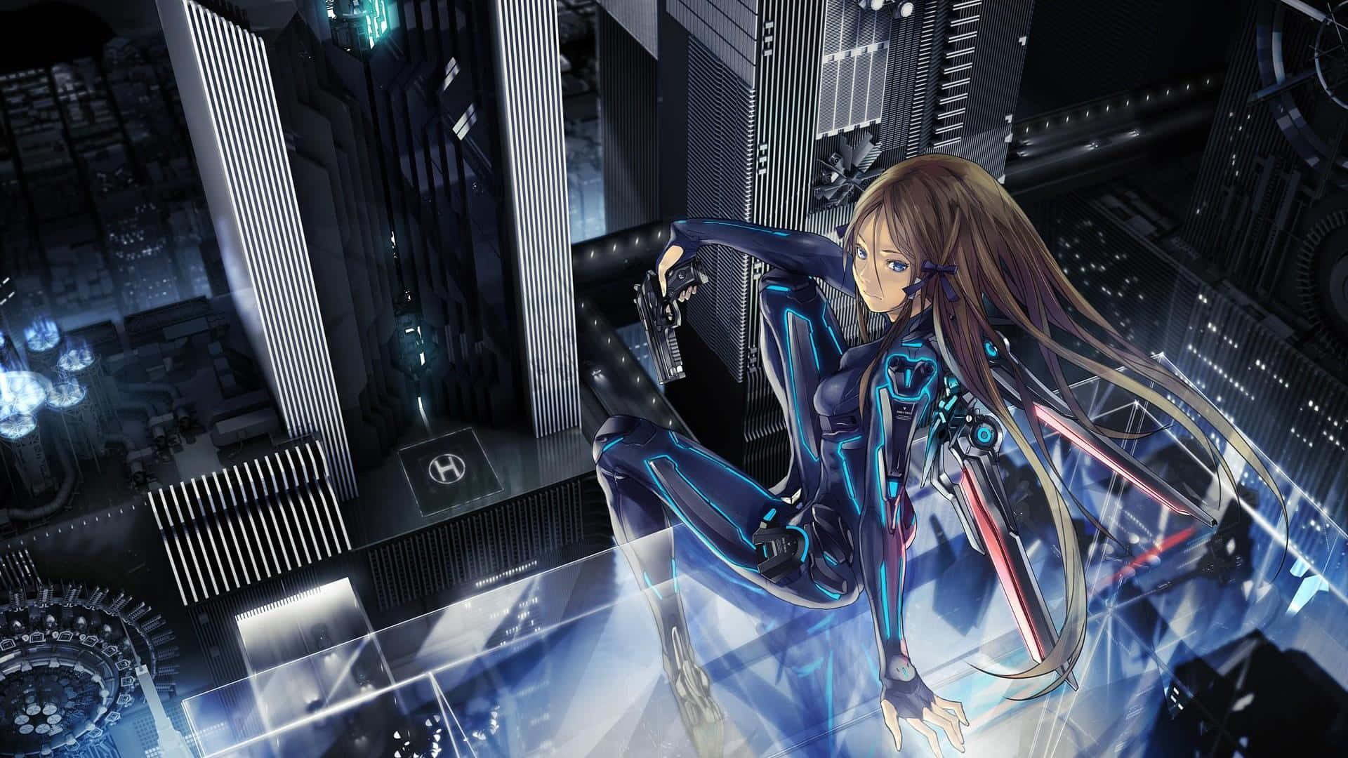 Cyberpunk Laptop, anime girl, glowing blue armor, Full HD Desktop Wallpaper