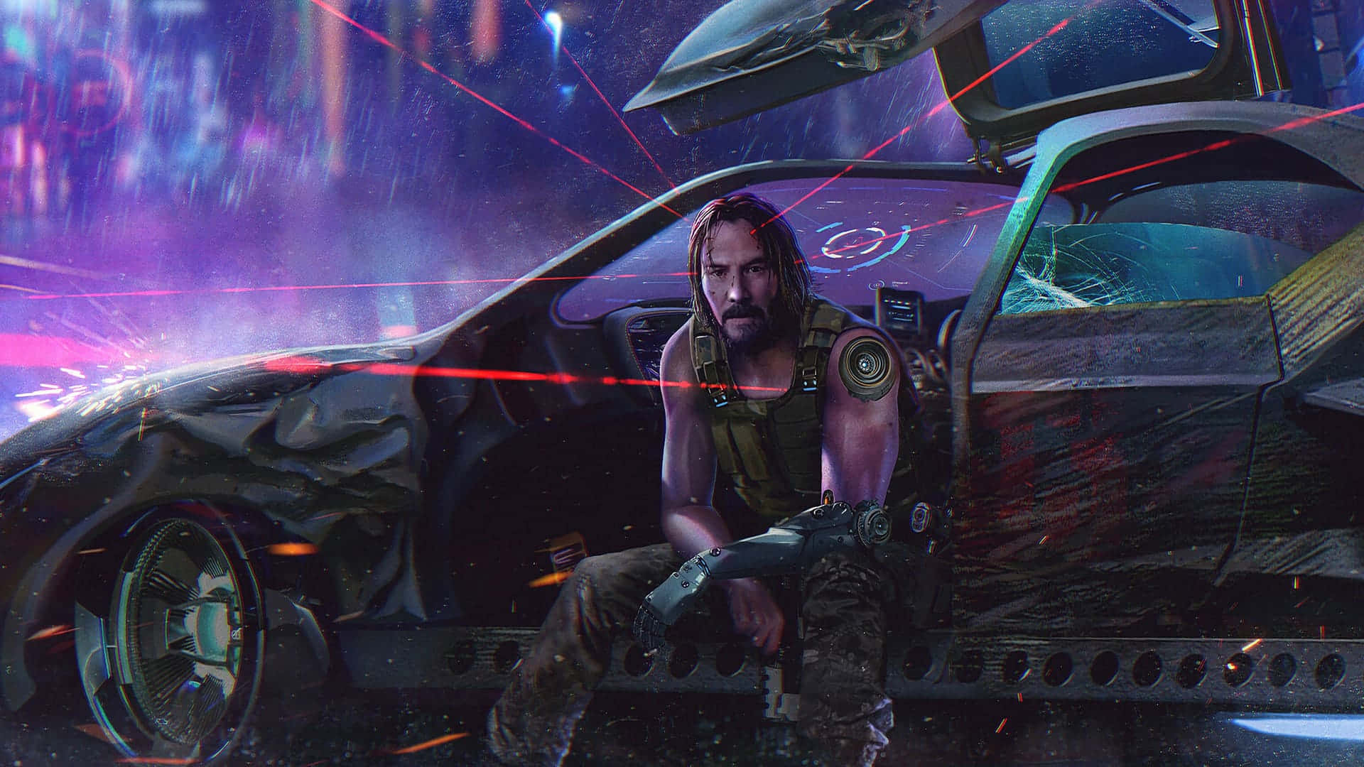 Cyberpunk Laptop, neon rain, cyberpunk cityscape, Full HD Desktop Wallpaper