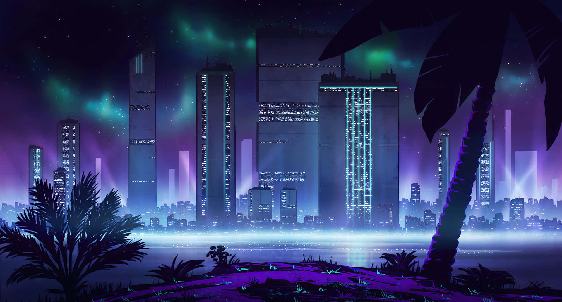 Cyberpunk, neon-drenched, futuristic city skyline, Full HD Desktop Wallpaper