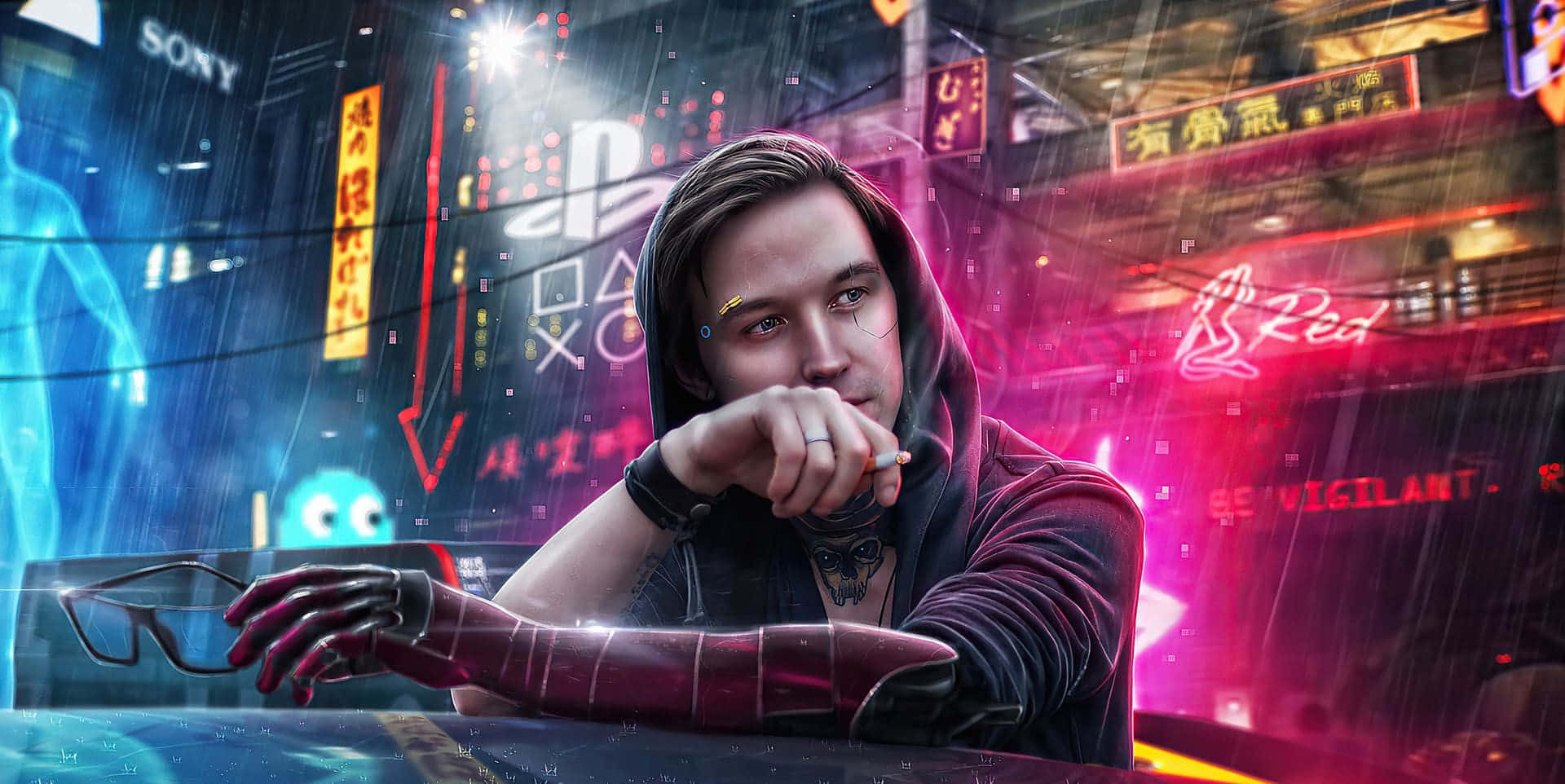 Cyberpunk Laptop, hoodie, glowing table, Full HD Desktop Wallpaper