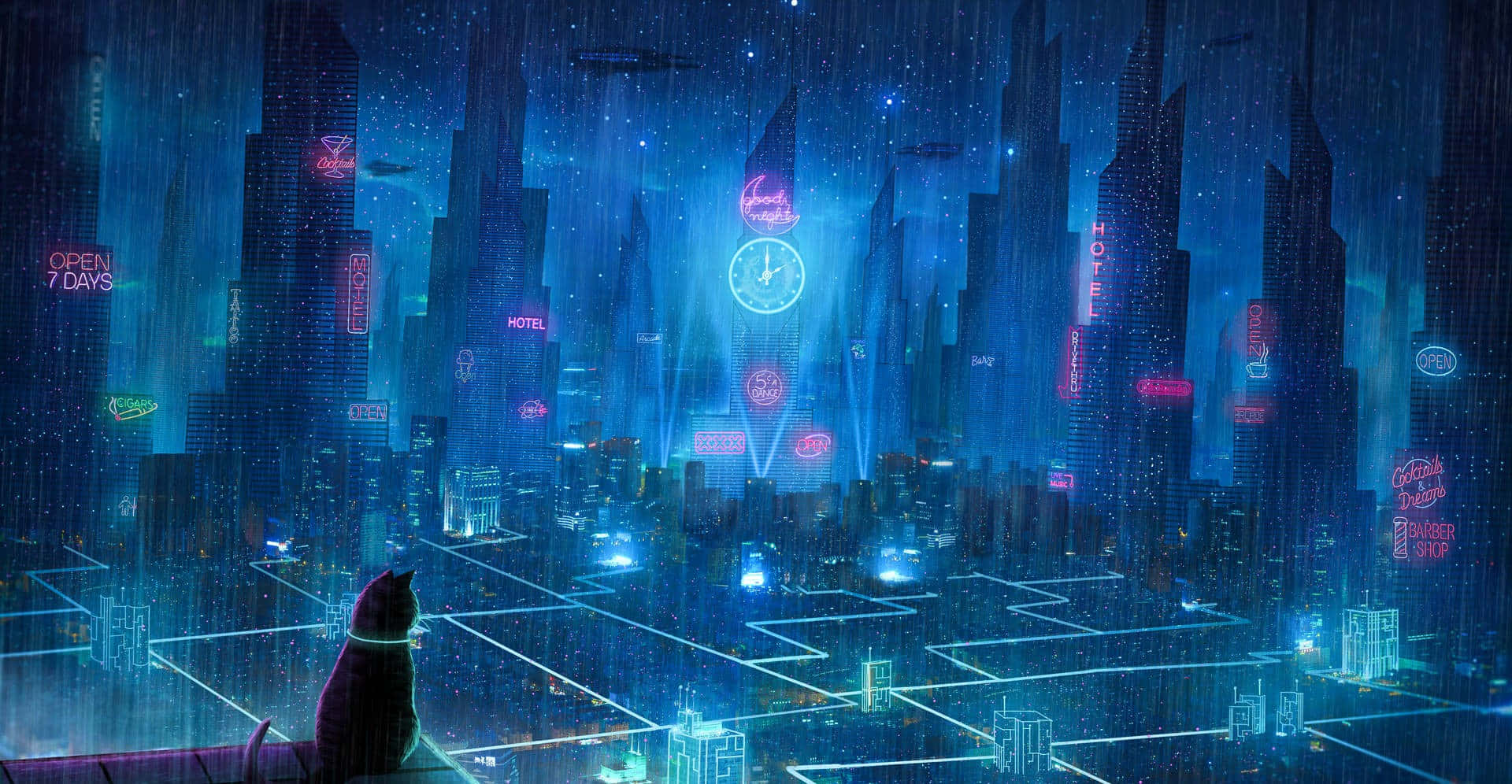Cyberpunk Laptop, neon-lit skyscrapers, starry night sky, Full HD Desktop Wallpaper
