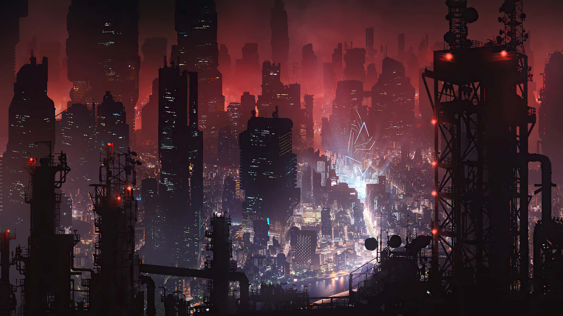 Cyberpunk Laptop, dusk, towering skyscrapers, Full HD Desktop Wallpaper