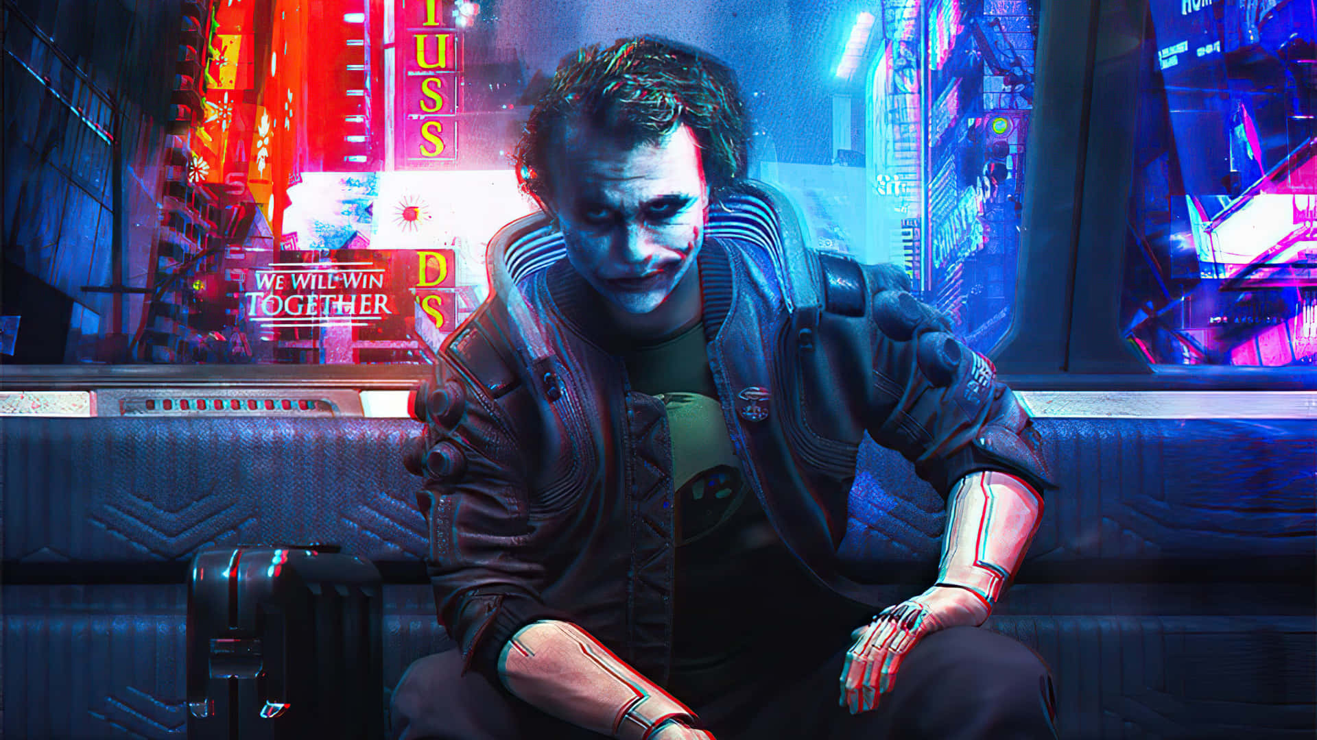 Cyberpunk Laptop, neon-lit city bench, glowing signs, Full HD Desktop Wallpaper