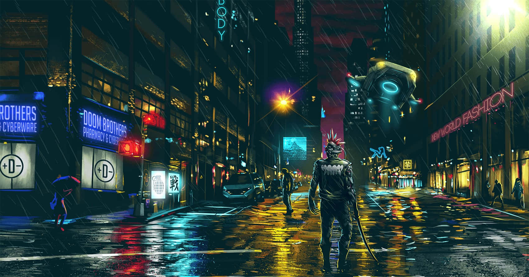 Cyberpunk Laptop, neon-drenched, rain-soaked, HD Desktop Wallpaper