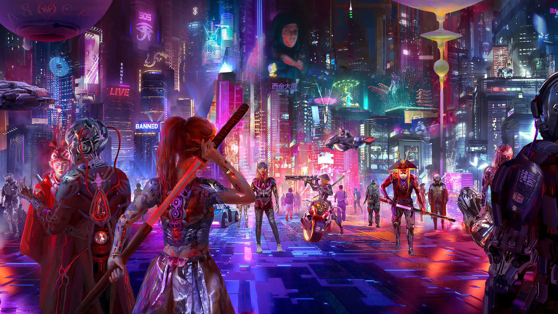 Cyberpunk Laptop, neon-drenched futuristic cityscape, flying vehicles, Full HD Desktop Wallpaper