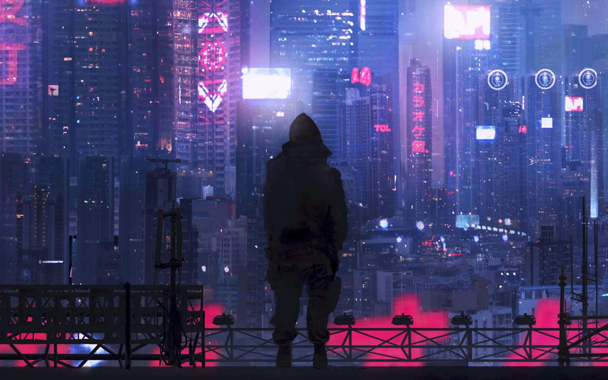 Cyberpunk Laptop, neon-drenched cyberpunk cityscape, night, 2K Desktop Wallpaper