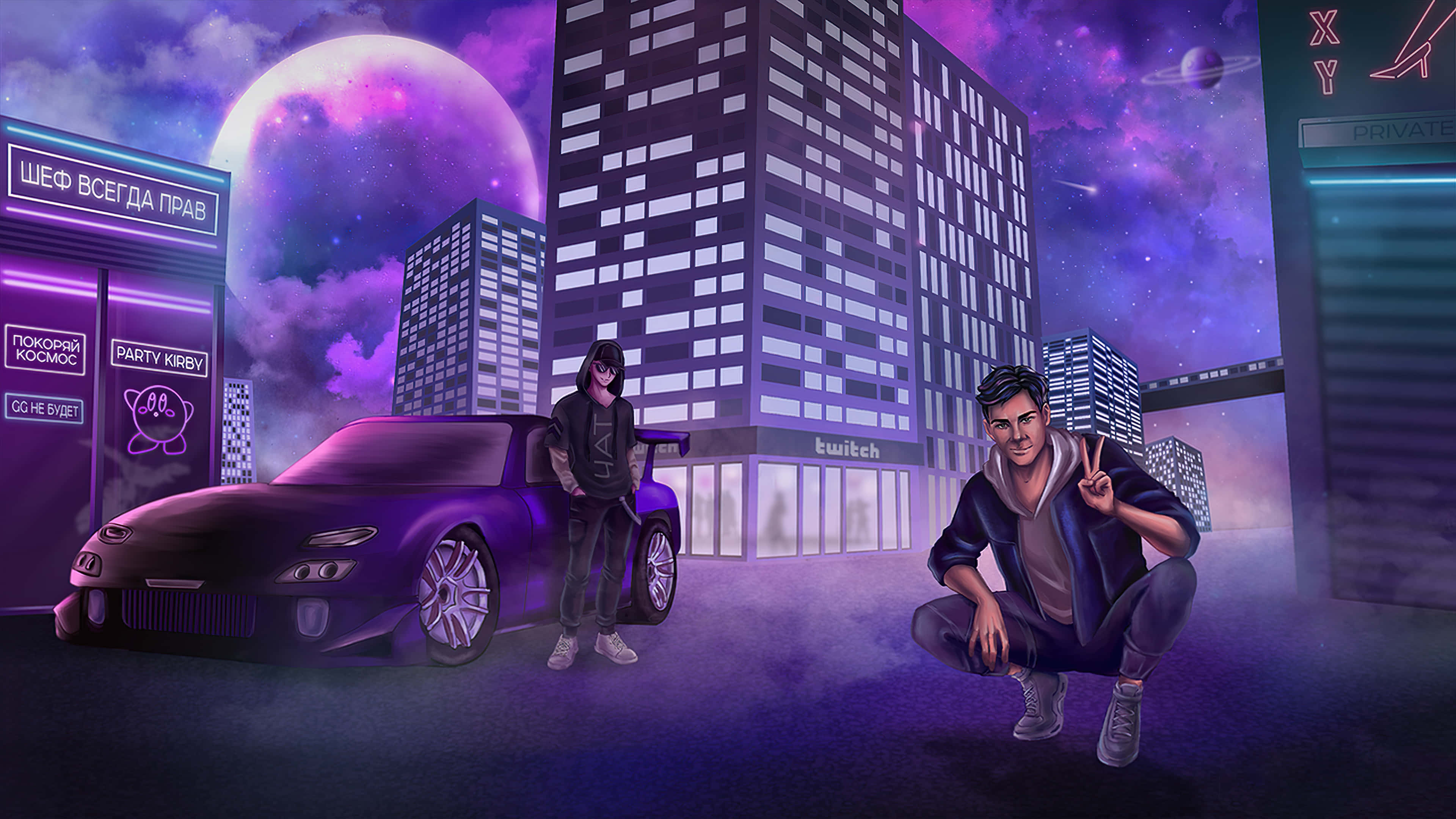 Cyberpunk Laptop, purple sports car, glowing moon, 4K Desktop Wallpaper