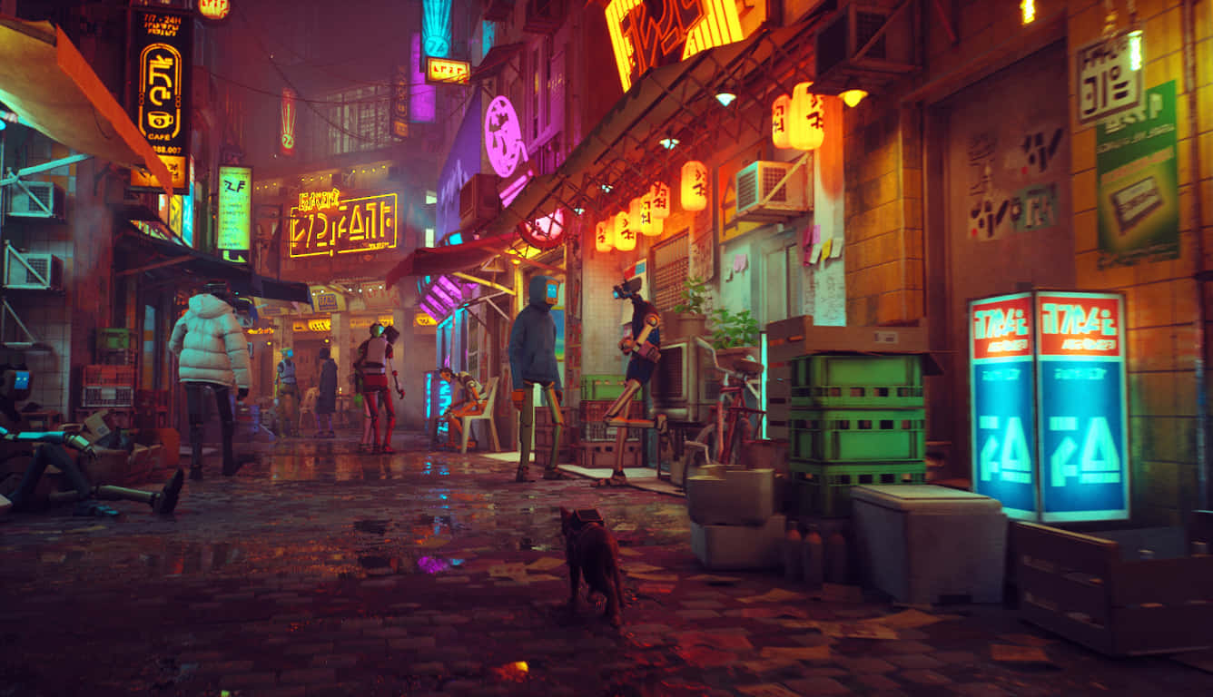 Cyberpunk Laptop, neon-drenched cyberpunk alley, night, HD Desktop Wallpaper