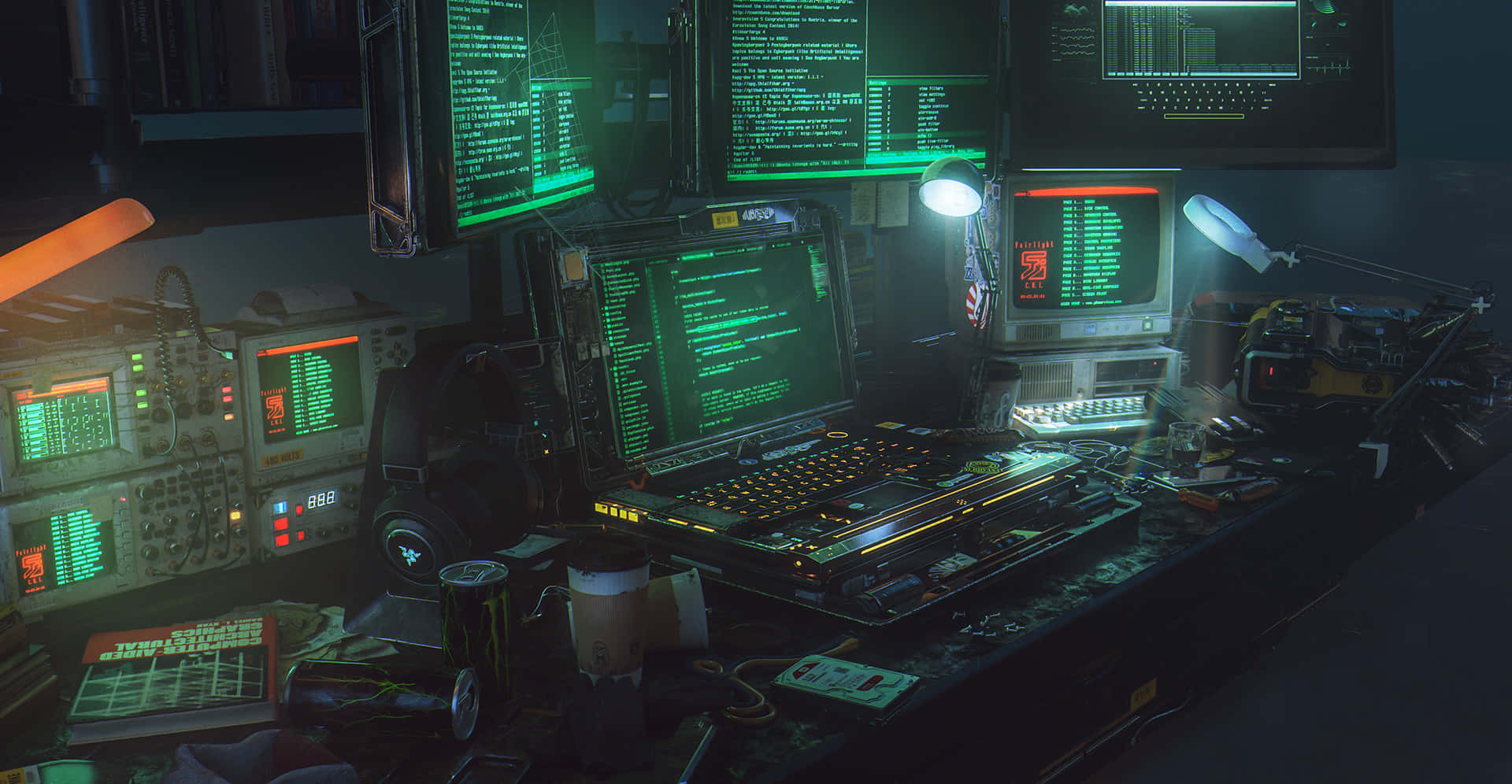 cyberpunk laptop, cyberpunk city backdrop, hacker's desk, Full HD Desktop Wallpaper