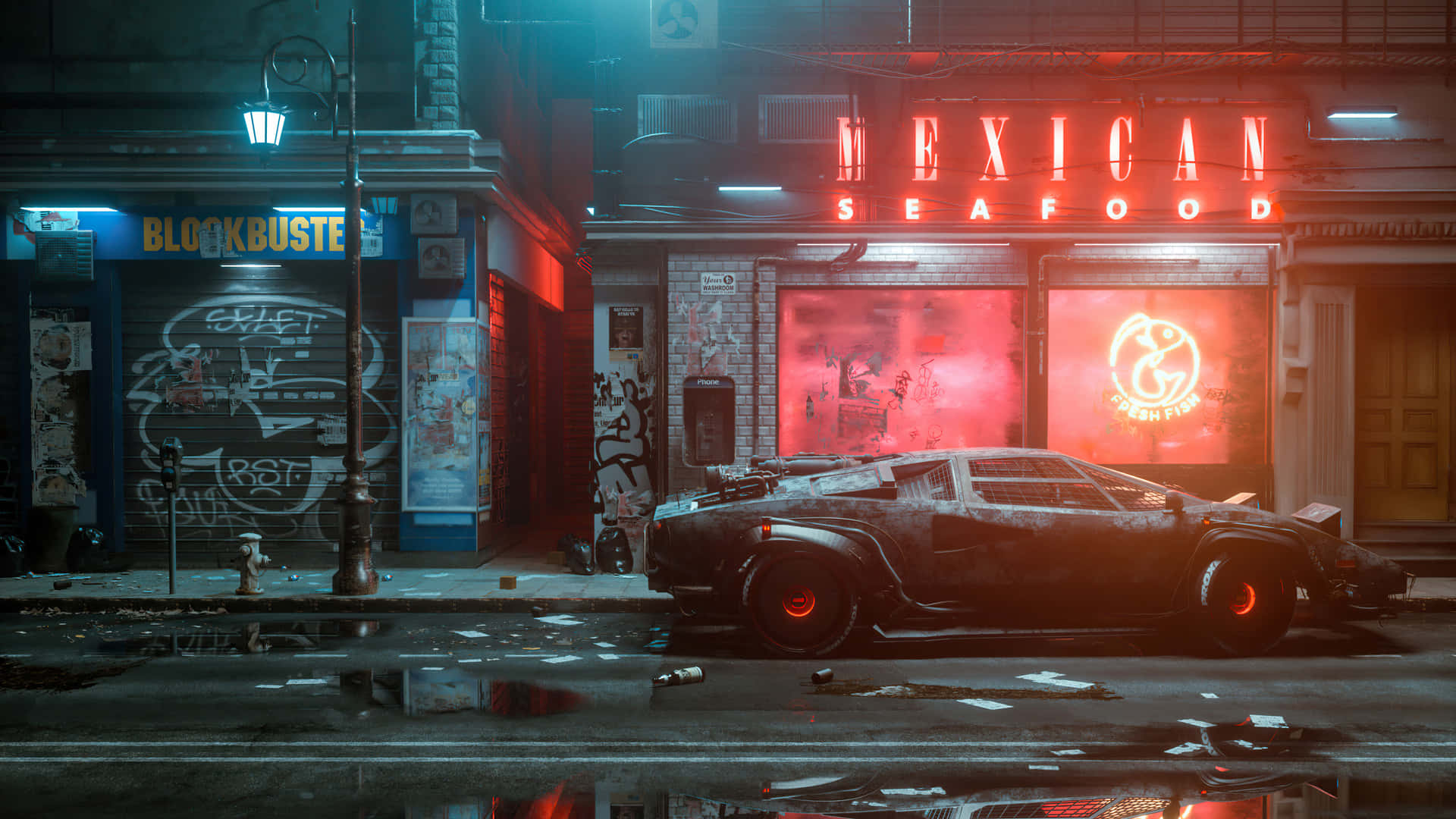 Cyberpunk Laptop, neon signs, rainy urban street, Full HD Desktop Wallpaper