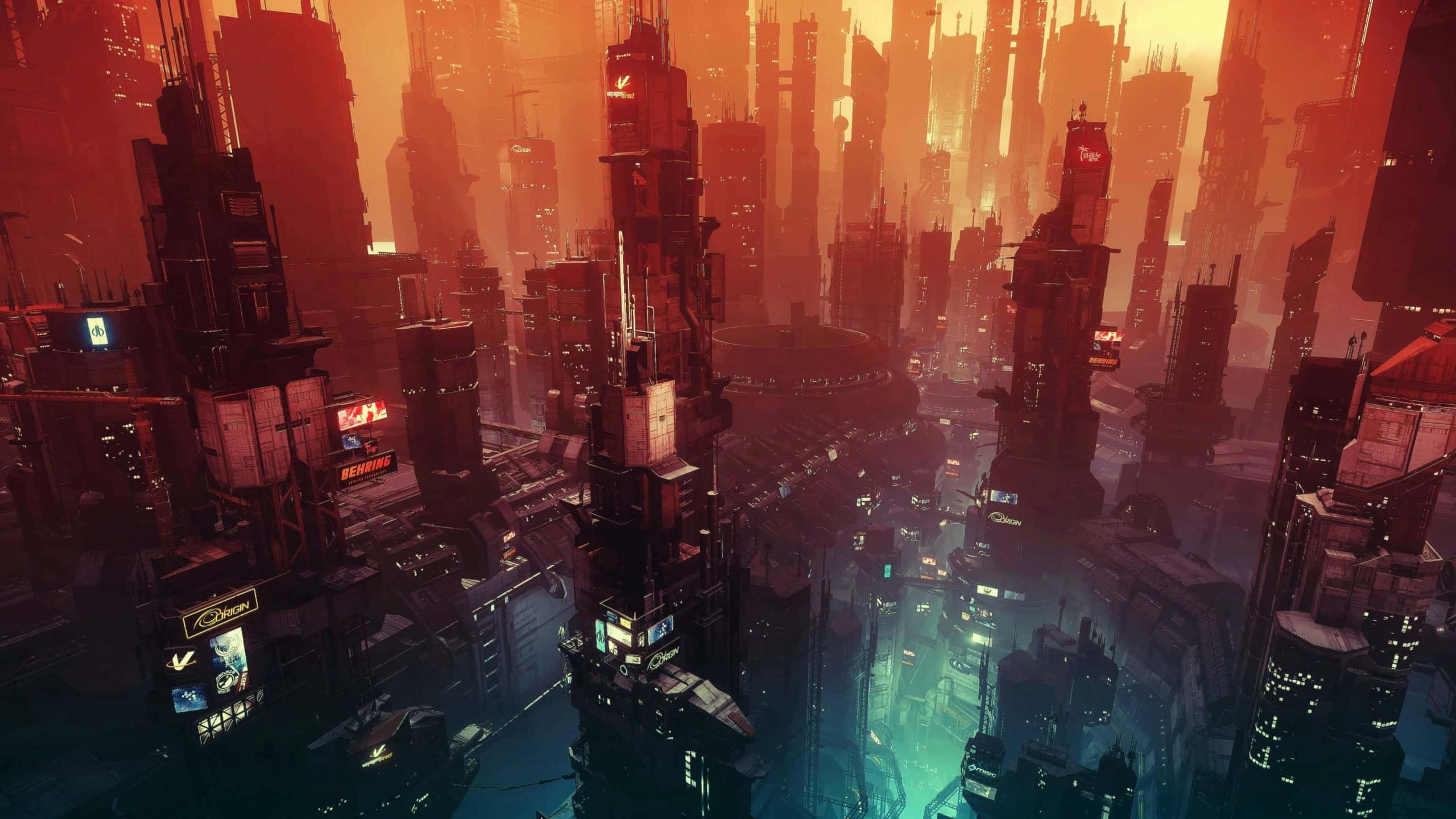 Cyberpunk Laptop, Warm Sunset, Fiery Orange, 2K Desktop Wallpaper