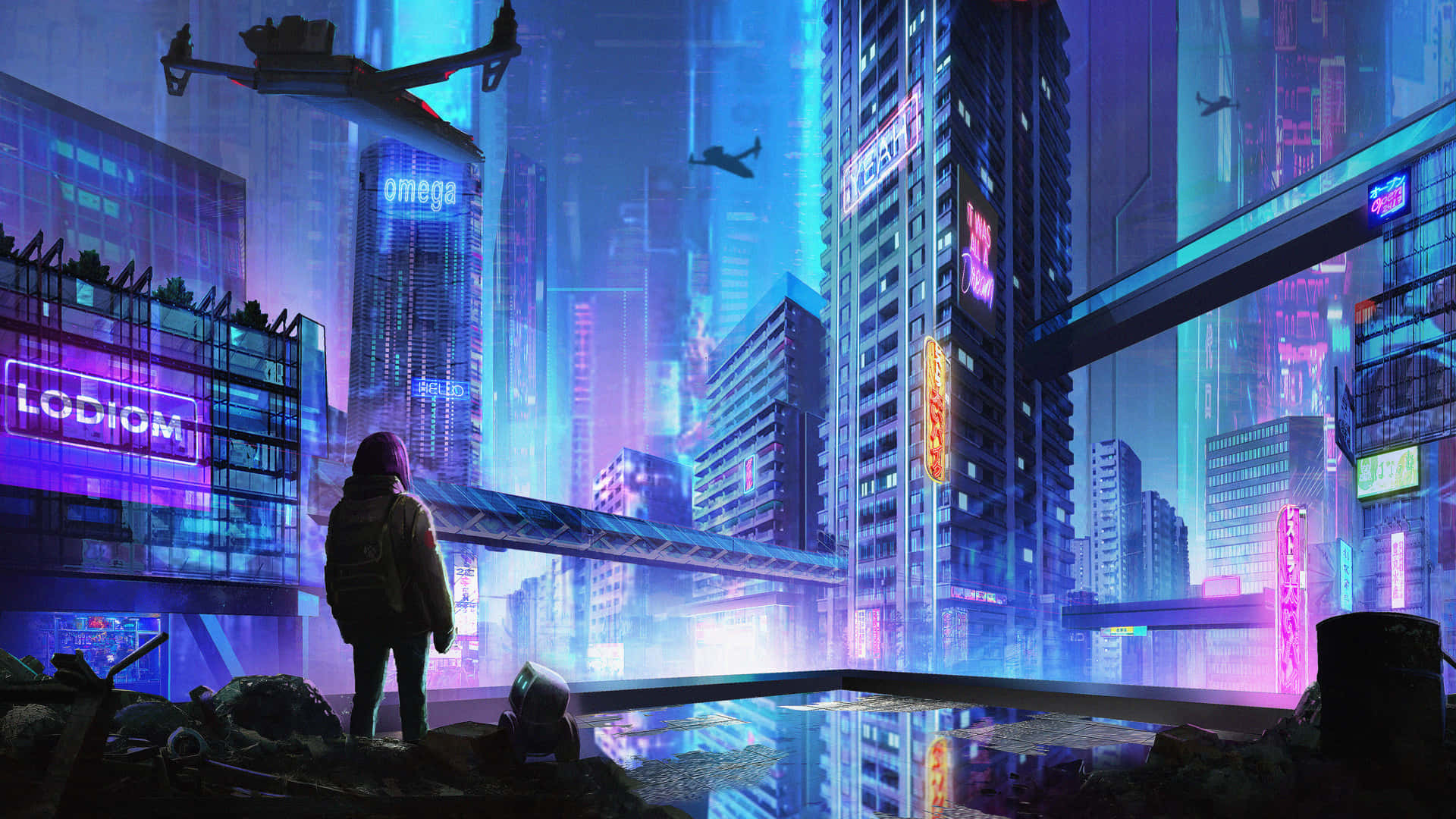 Cyberpunk Laptop, hoodie, ruined rooftop, Full HD Desktop Wallpaper