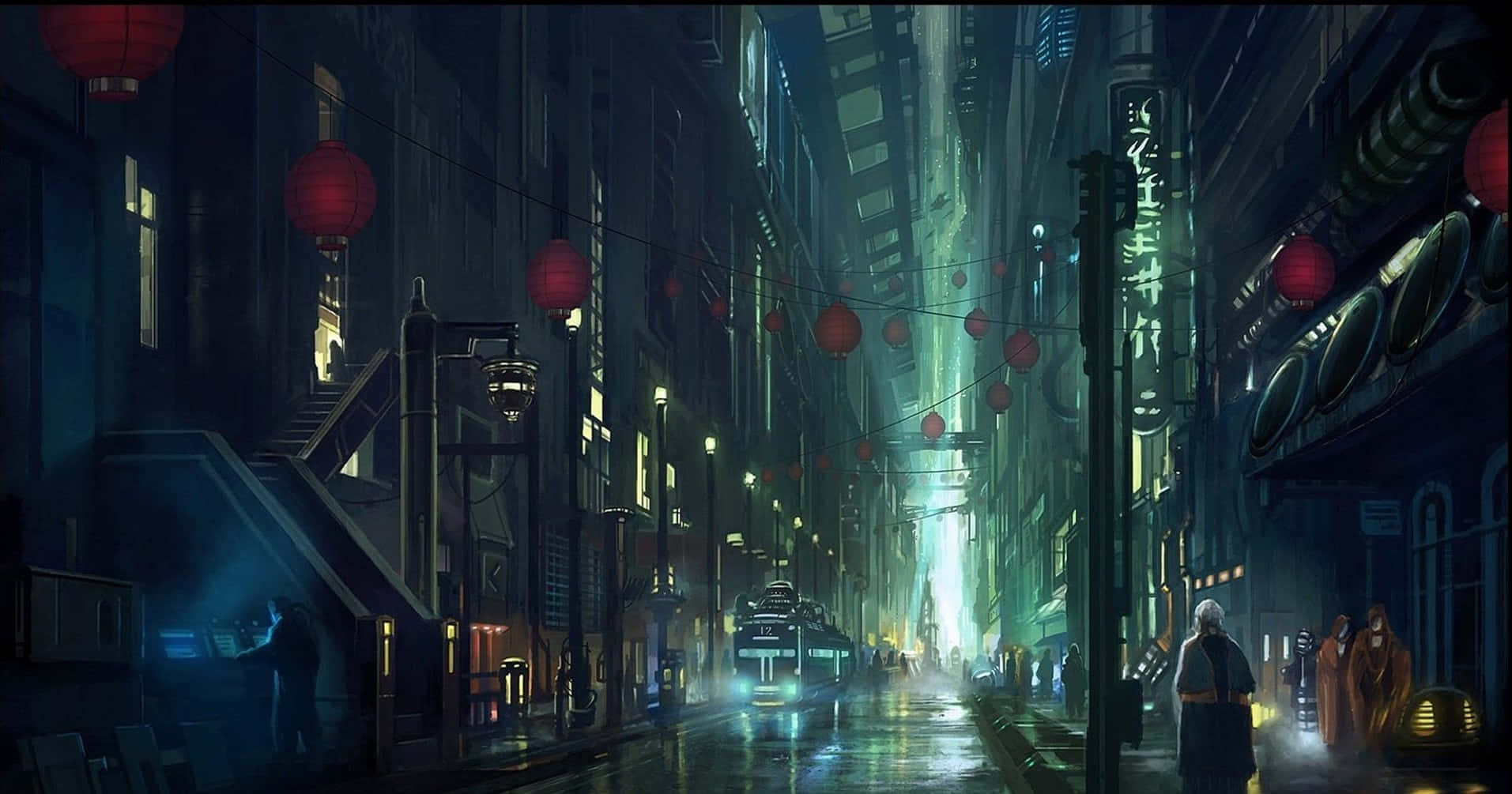 Cyberpunk Laptop, neon-lit cyberpunk alleyway, night, HD Desktop Wallpaper