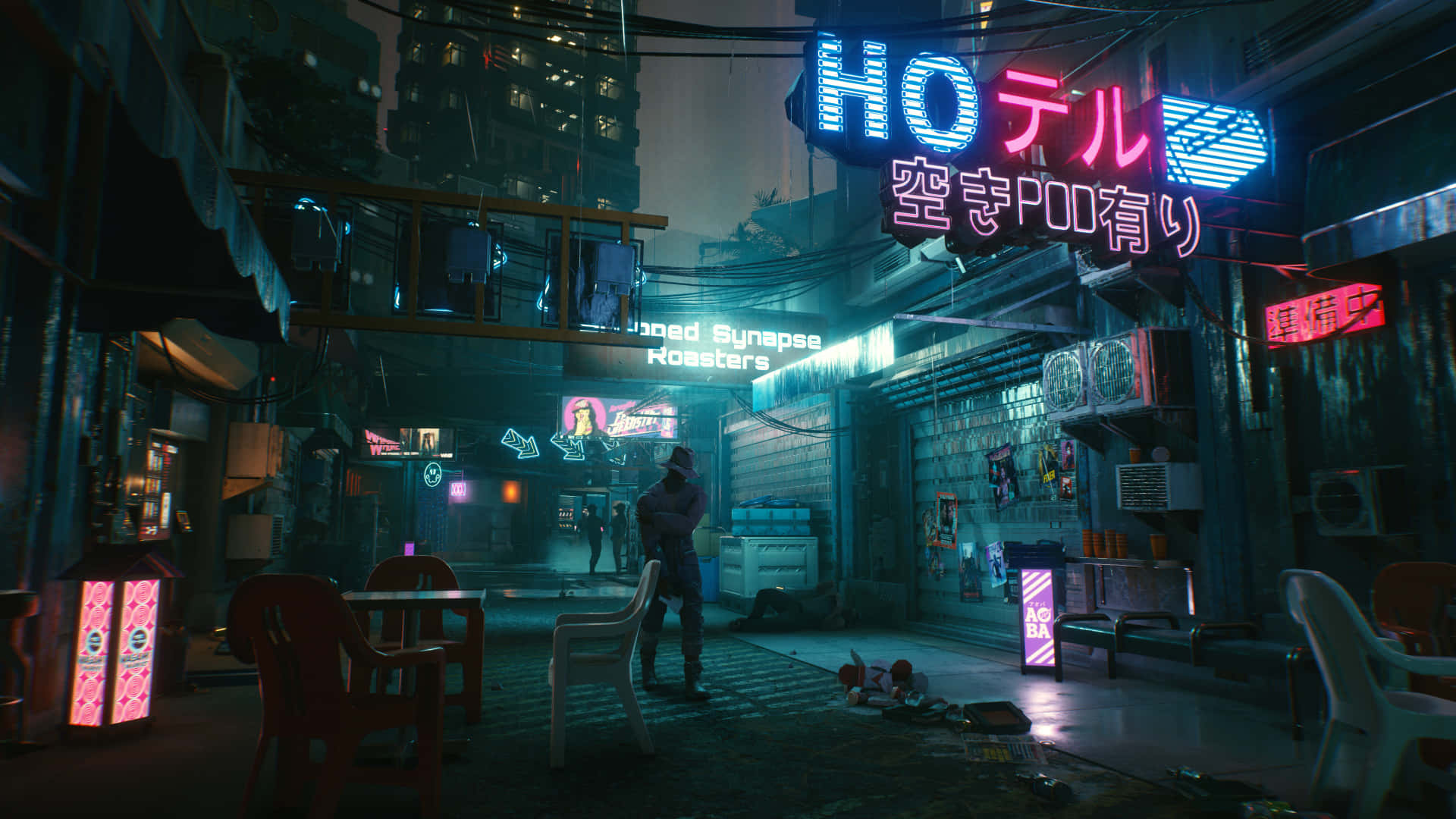 neon-drenched cyberpunk alleyway, night, glowing signs, Full HD Desktop Wallpaper