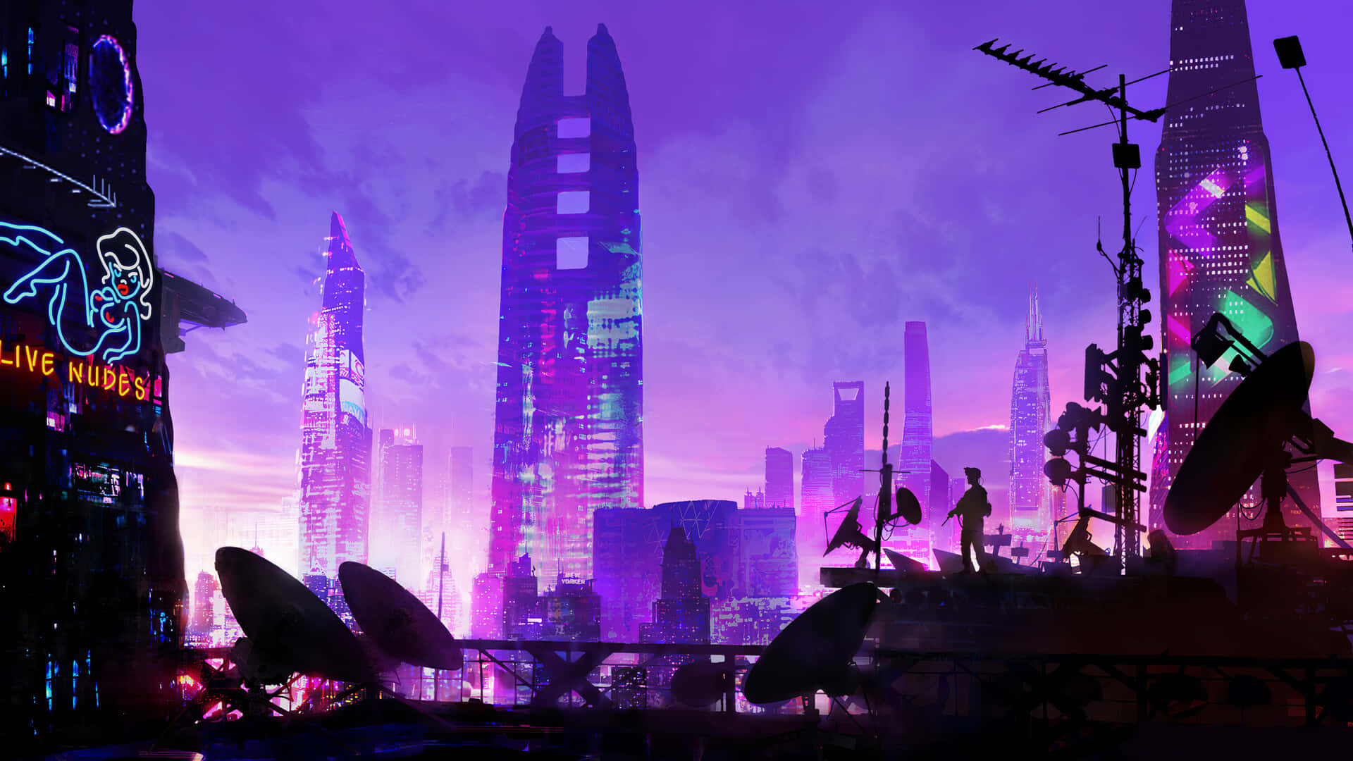 Cyberpunk laptop, neon-drenched cyberpunk cityscape, twilight, Full HD Desktop Wallpaper