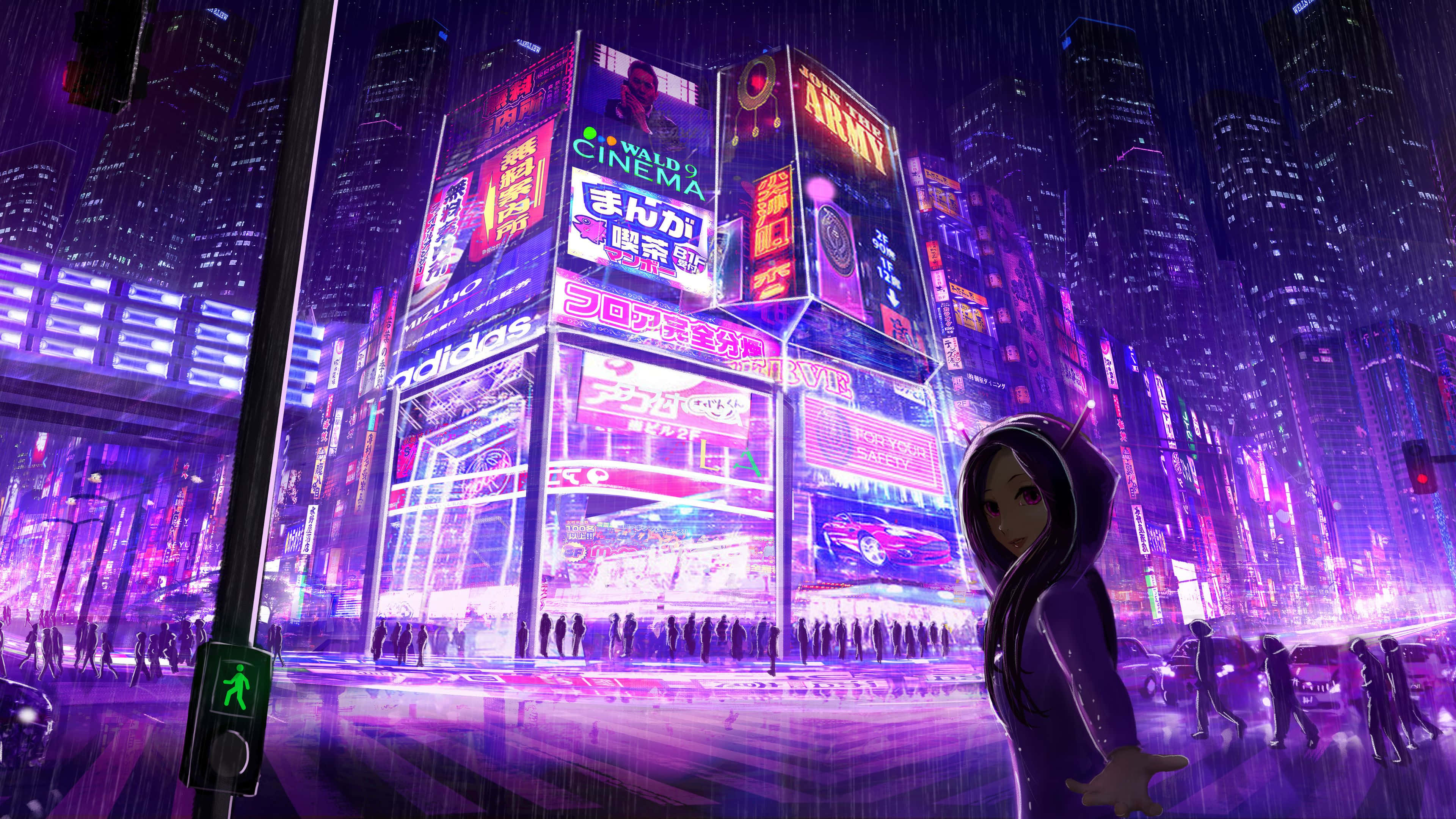 Cyberpunk Laptop, hooded figure, rain-slicked neon-drenched cyberpunk cityscape, 4K Desktop Wallpaper