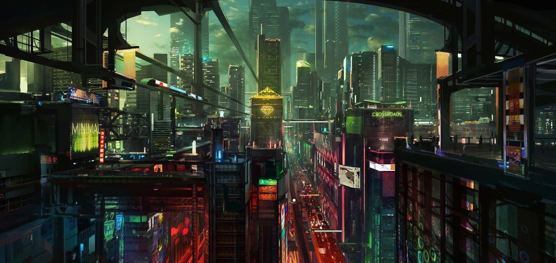 Cyberpunk Laptop, neon-drenched, cyberpunk cityscape, Full HD Desktop Wallpaper