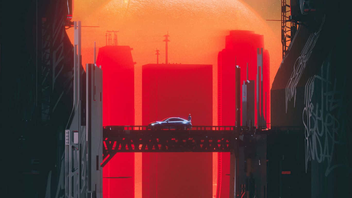 Cyberpunk Laptop, sleek silver car, towering buildings, HD Desktop Wallpaper