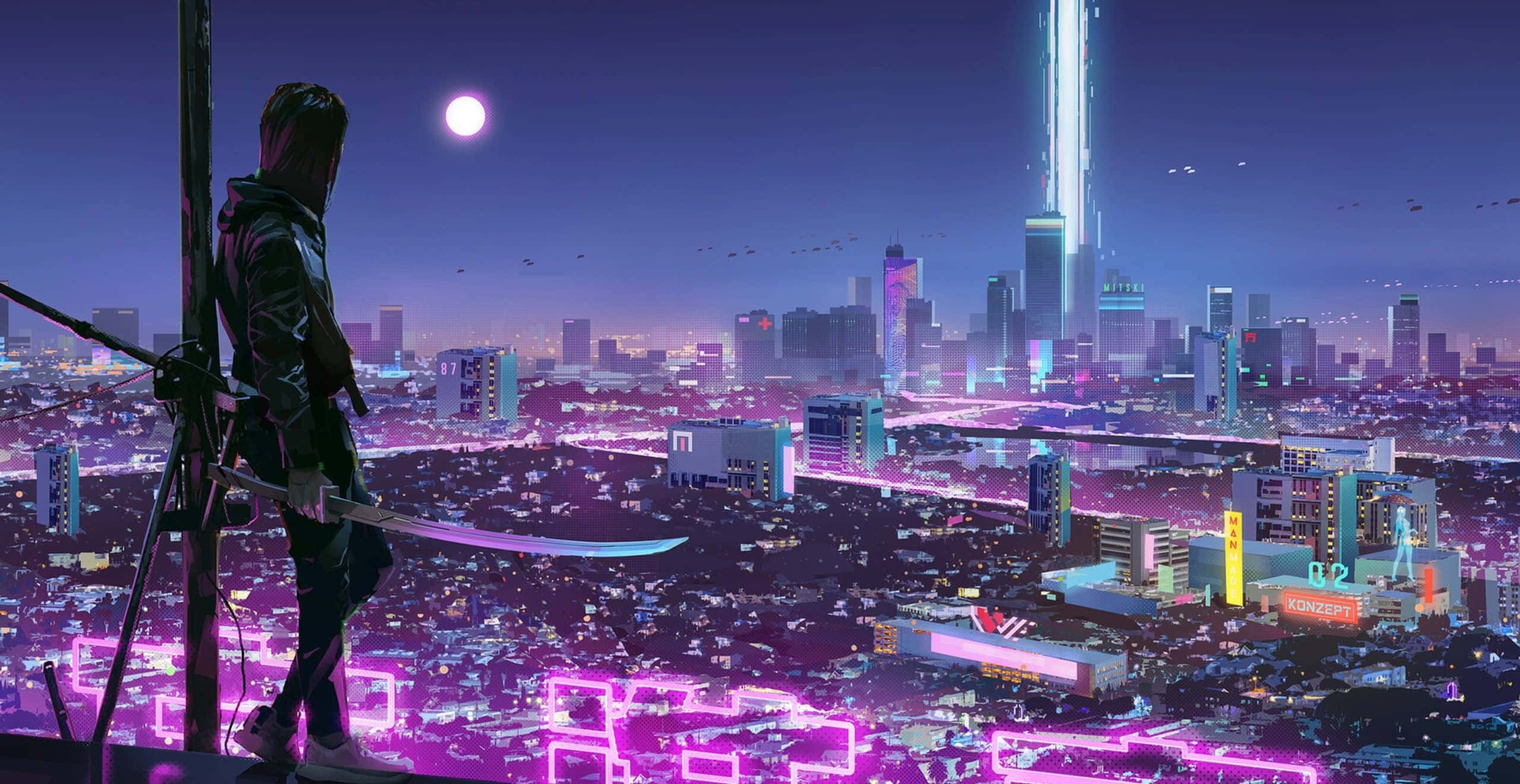 Cyberpunk Laptop, neon-drenched cyberpunk cityscape, glowing moon, 2K Desktop Wallpaper