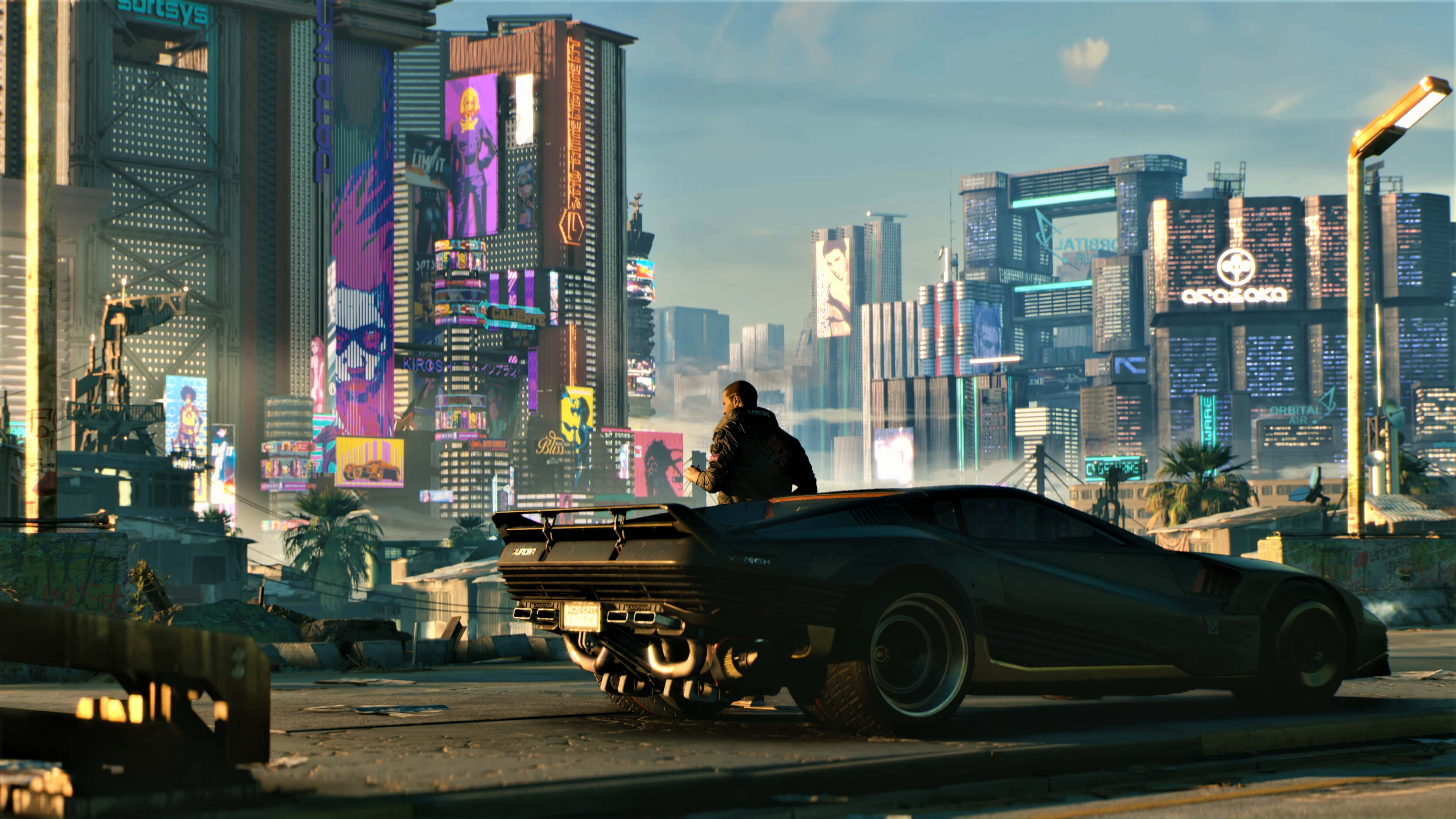 cyberpunk laptop, futuristic cityscape, neon-lit skyscrapers, 4K Desktop Wallpaper