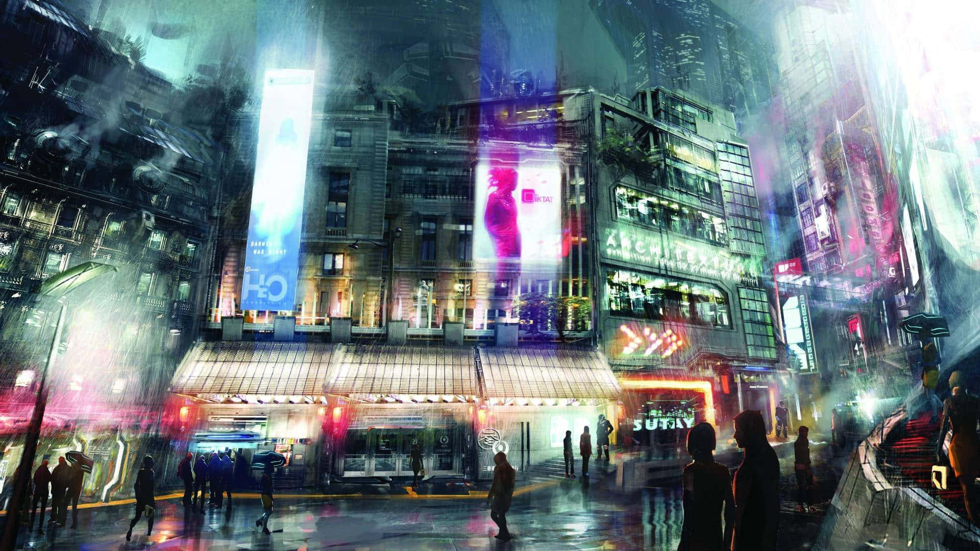 Cyberpunk laptop, neon-lit city street, rain-slicked, Full HD Desktop Wallpaper