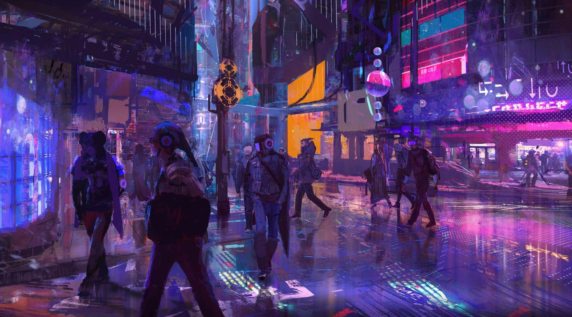 Cyberpunk Laptop, neon-drenched, rain-soaked, HD Desktop Wallpaper