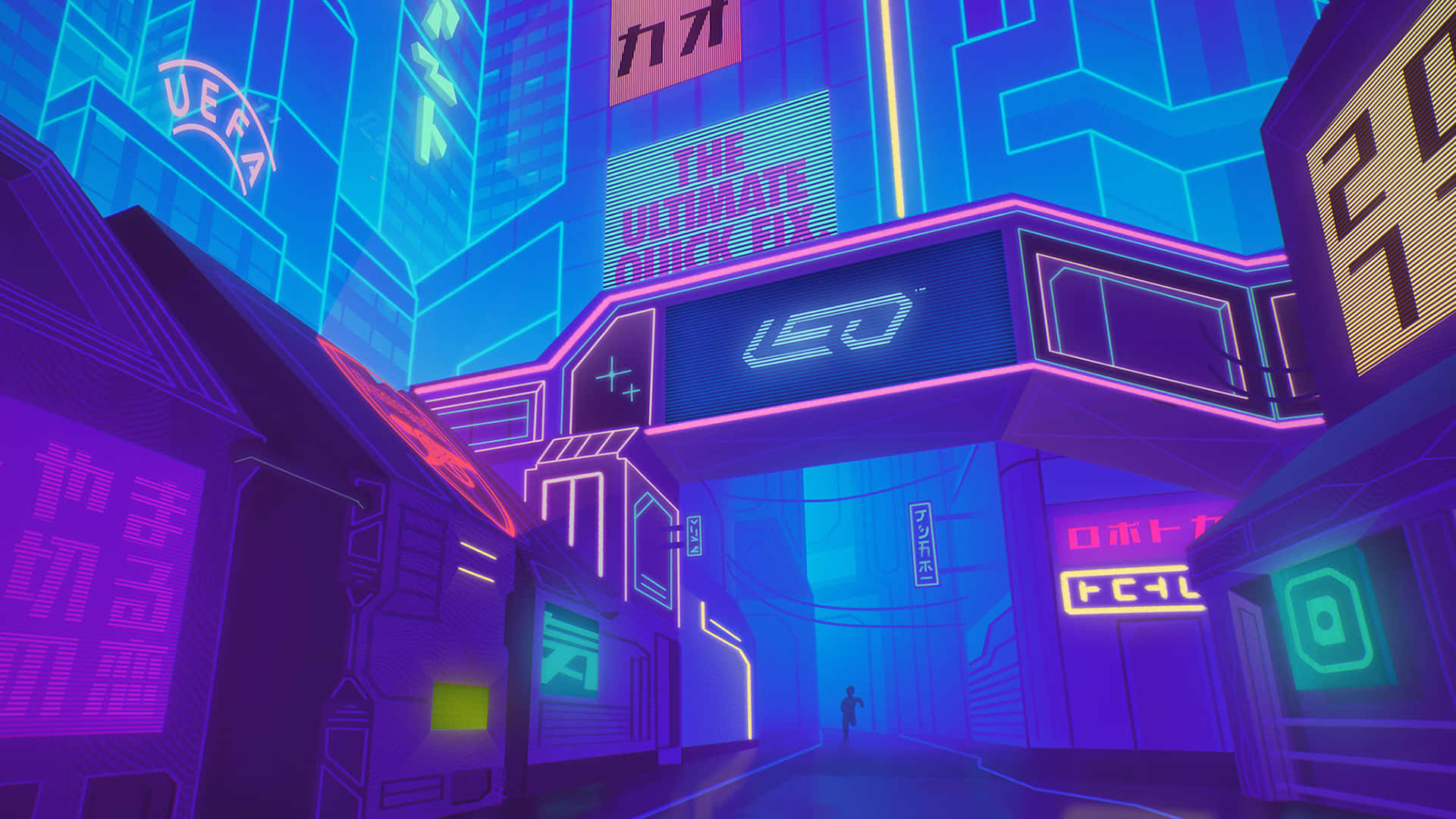 cyberpunk laptop, neon-lit cyberpunk alleyway, vibrant purple blue, Full HD Desktop Wallpaper