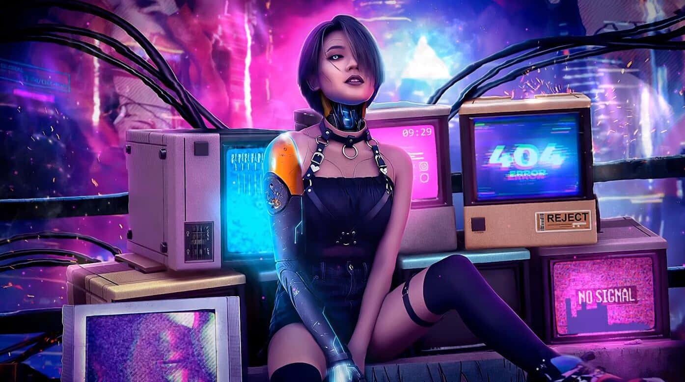 Cyberpunk laptop, cyberpunk woman, glowing cybernetics, HD Desktop Wallpaper