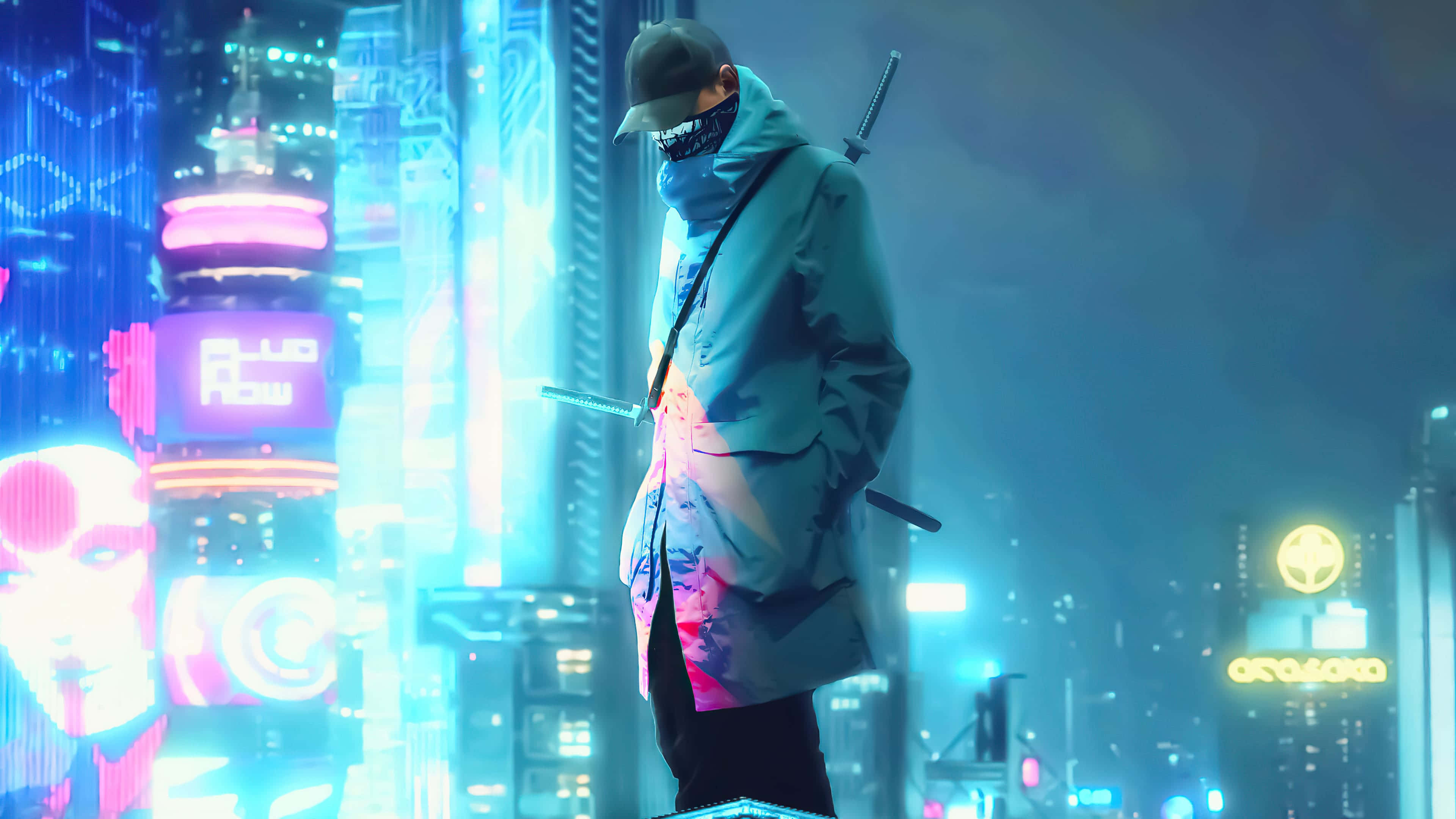 Cyberpunk Laptop, teal coat, neon-drenched cyberpunk cityscape, 4K Desktop Wallpaper