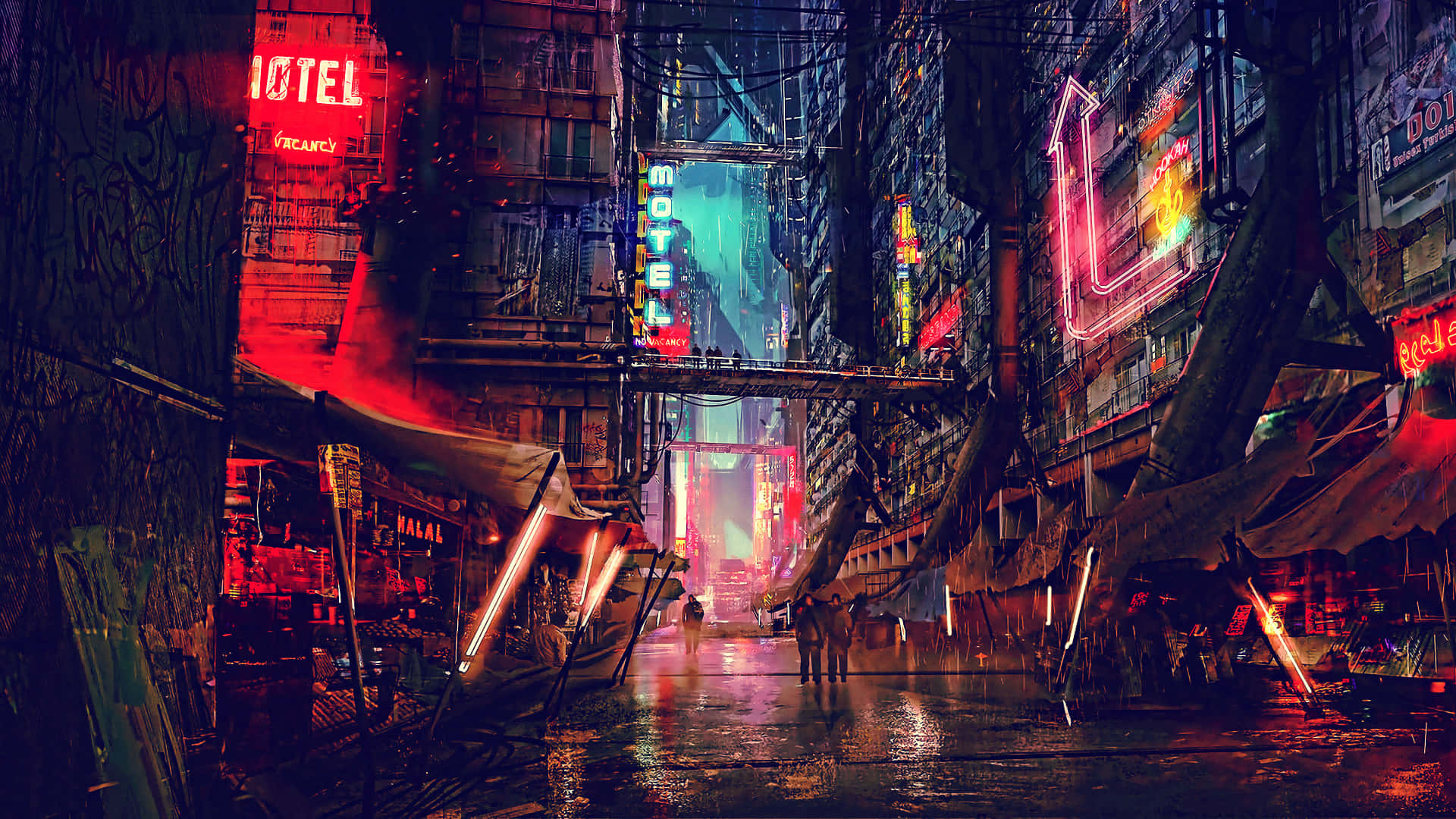 Cyberpunk Laptop, neon-lit alleyway, towering buildings, Full HD Desktop Wallpaper