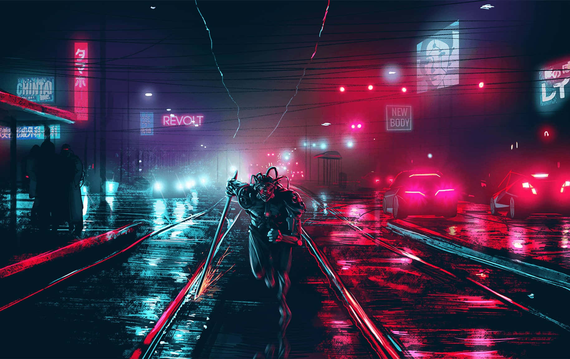 cyberpunk laptop, neon lights, glowing red, HD Desktop Wallpaper