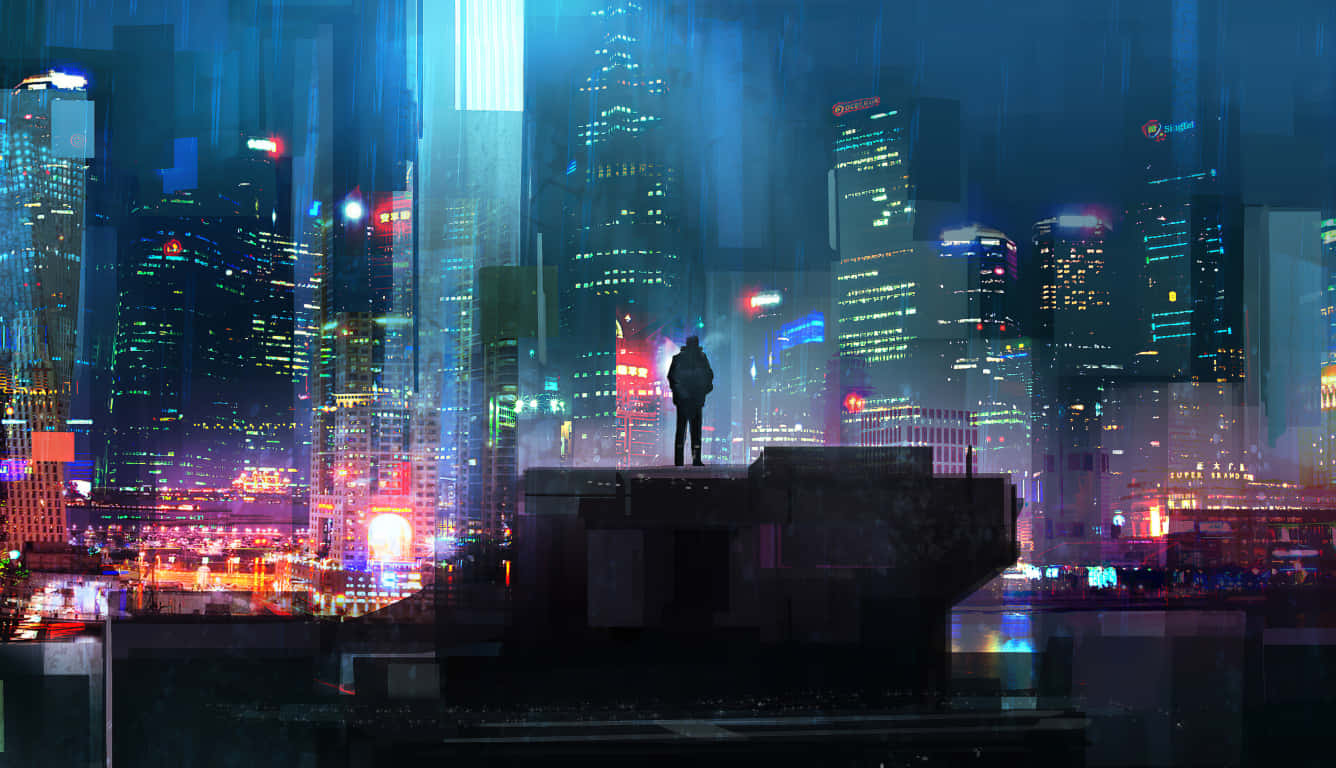 Cyberpunk Laptop, neon-drenched futuristic cityscape, night, HD Desktop Wallpaper