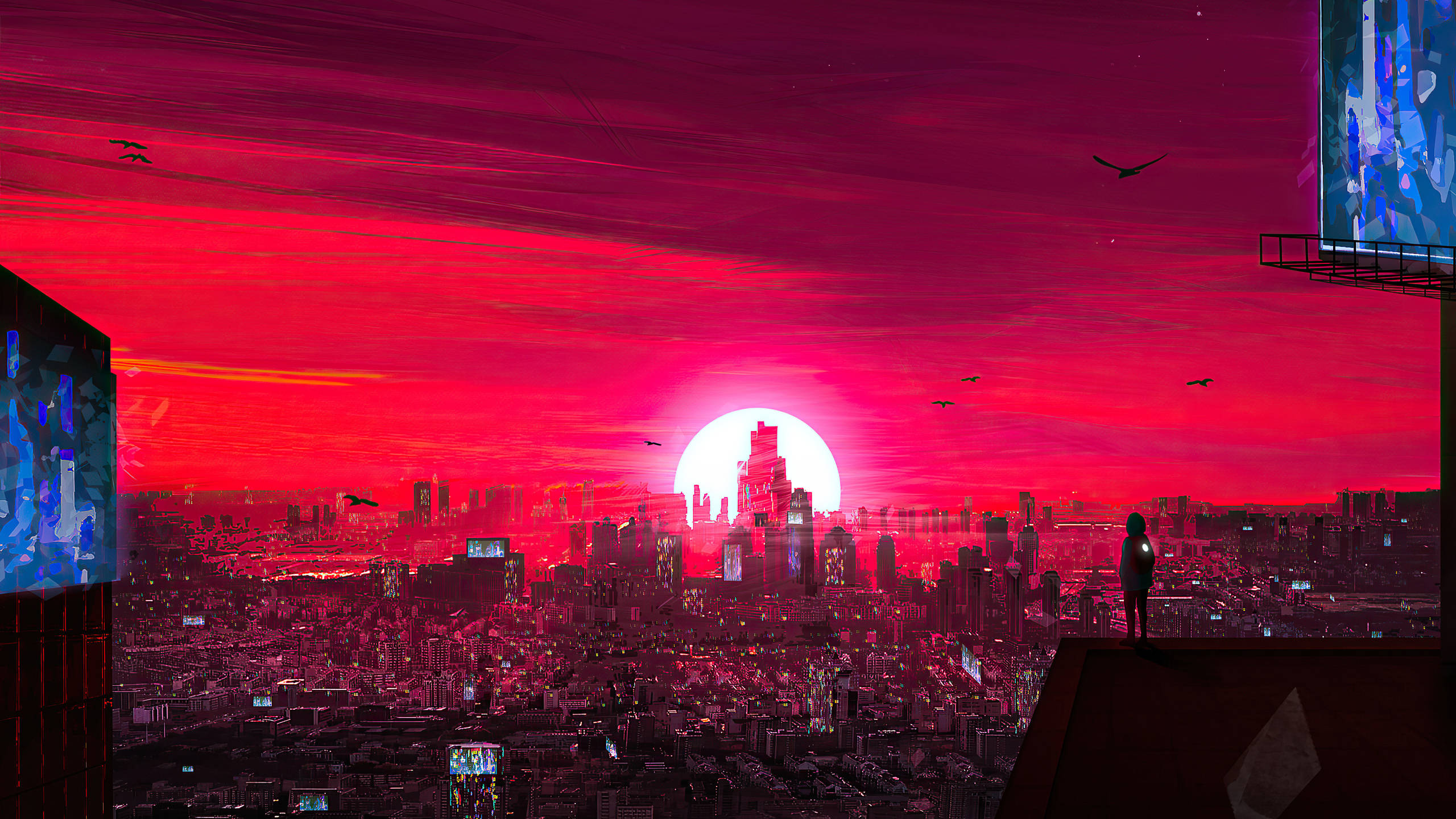 Cyberpunk, 2560x1440, rooftop, 2K Desktop Wallpaper