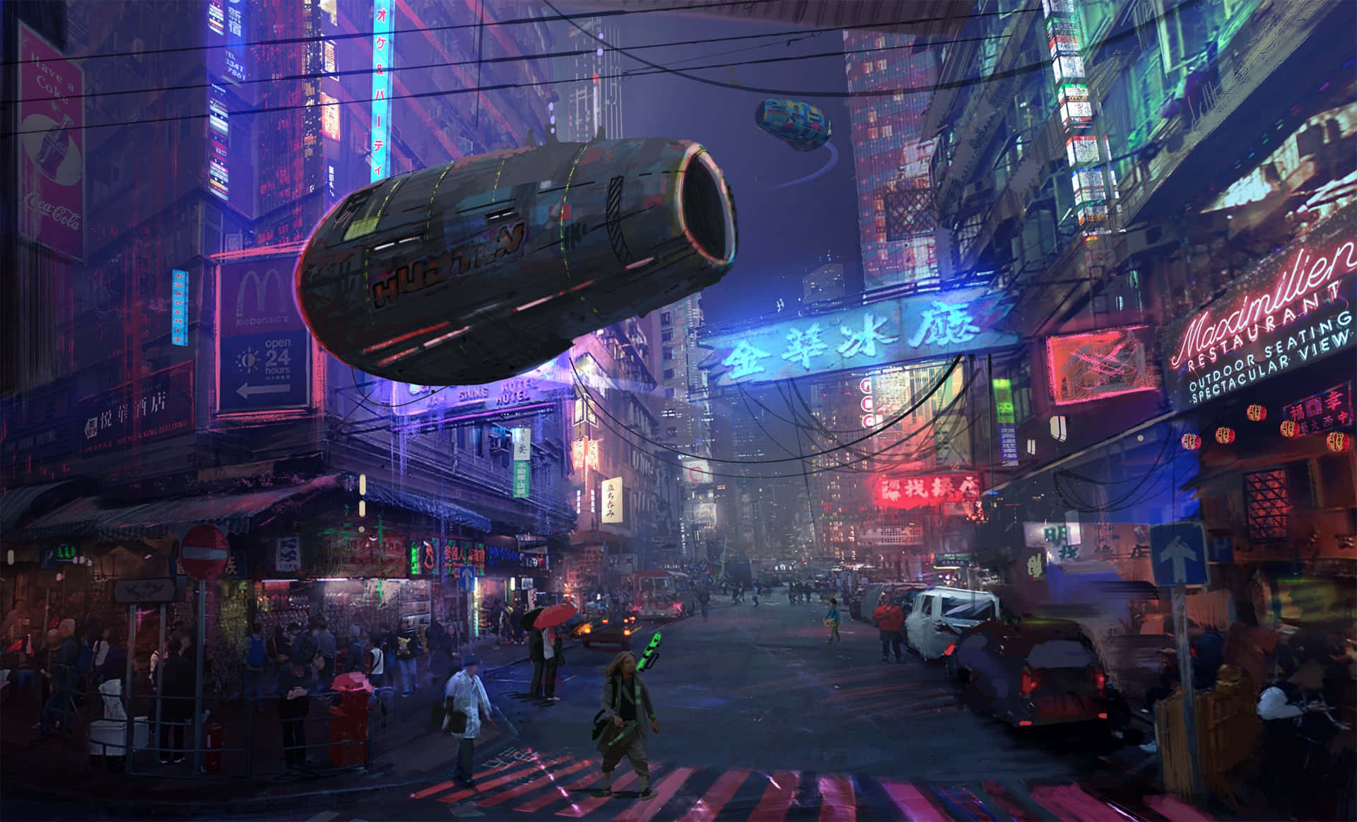 Cyberpunk Night City, neon-drenched, floating vehicles, Full HD Desktop Wallpaper